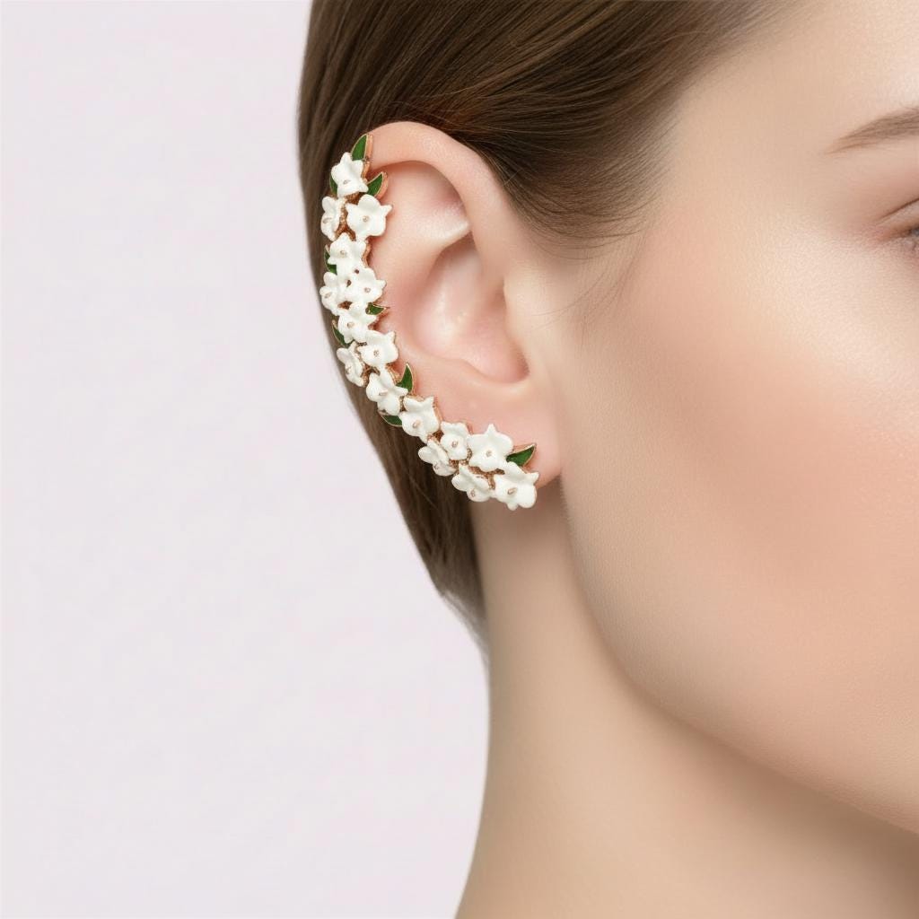 White Orchid Ear Cuff Stud: Cattleya Flower Earring Wrap- Orchid Fleur Collection