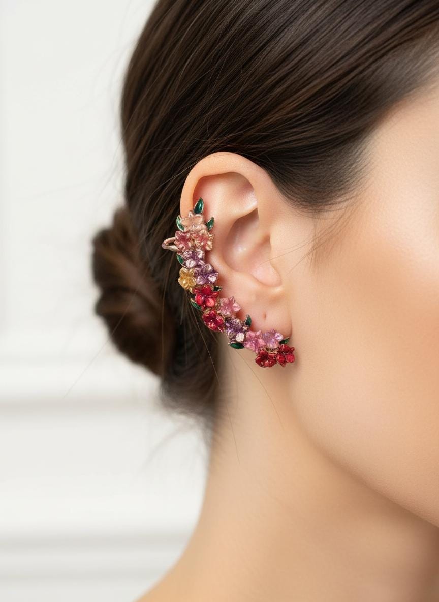 Floral Mosaic Orchid Ear Cuff Stud: Cattleya Flower Earring Wrap- Orchid Fleur Collection