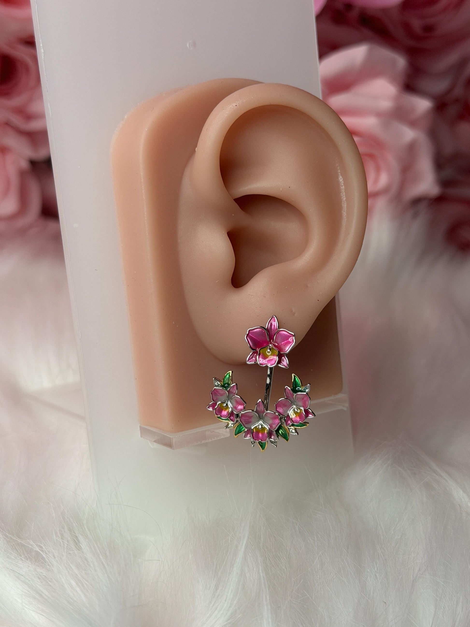Pink Cattleya Flower Stud with Earring Jacket : Aloha Orchid Jewelry Collection