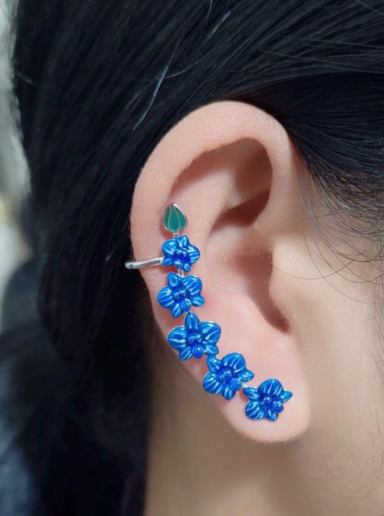 Blue Orchid Ear Cuff Stud: Phalaenopsis Flower Earring Climber- Orchid Fleur Collection