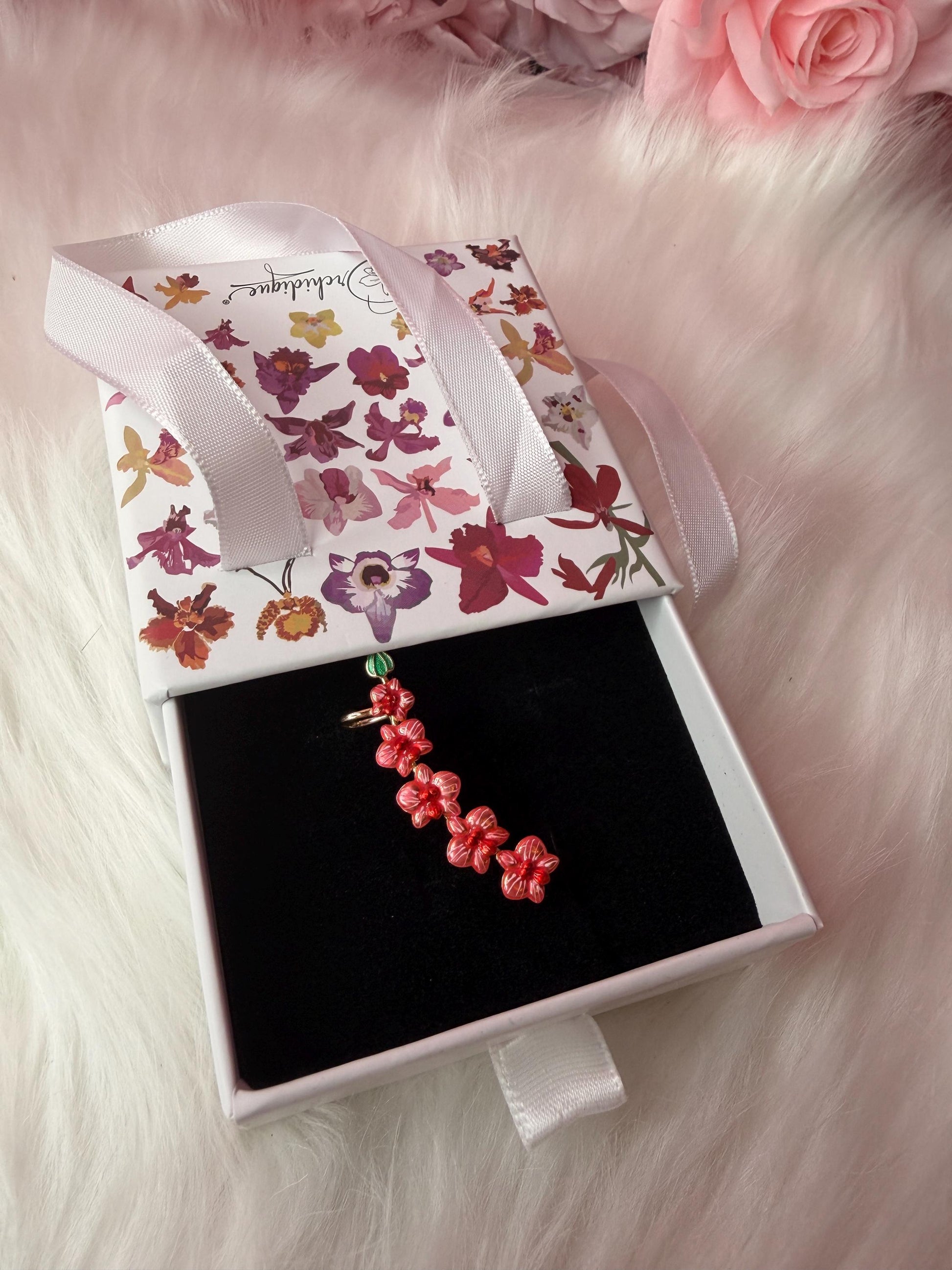 Red Orchid Ear Cuff Stud: Phalaenopsis Flower Earring Climber- Orchid Fleur Collection