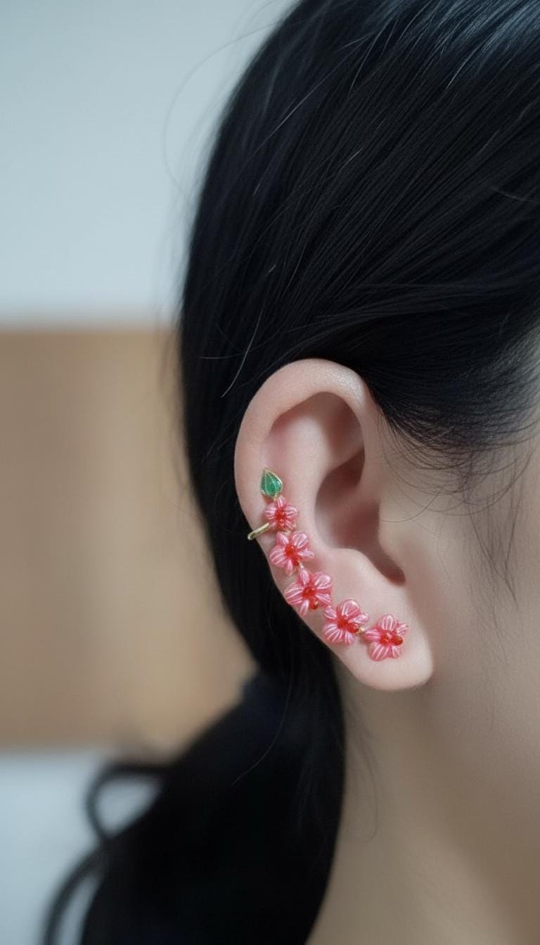 Red Orchid Ear Cuff Stud: Phalaenopsis Flower Earring Climber- Orchid Fleur Collection
