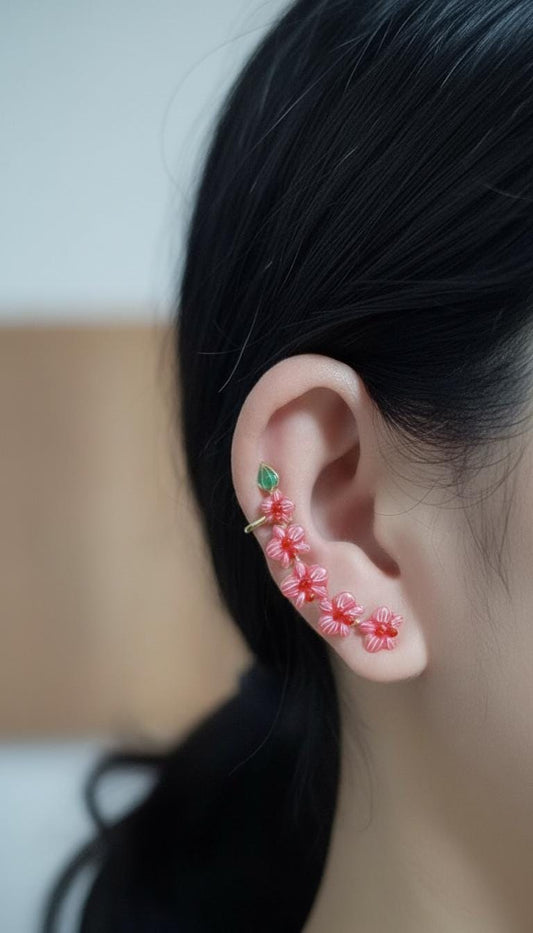 Red Orchid Ear Cuff Stud: Phalaenopsis Flower Earring Climber- Orchid Fleur Collection