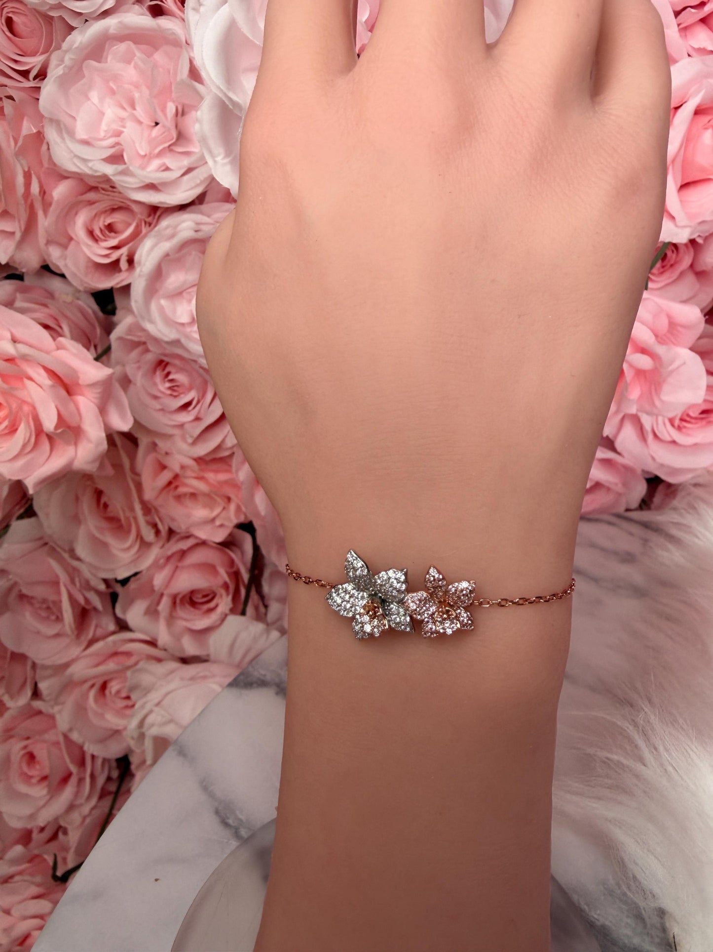 Sterling Silver Orchid Bangle, 14K Rose Gold Plated, Clear Zircon