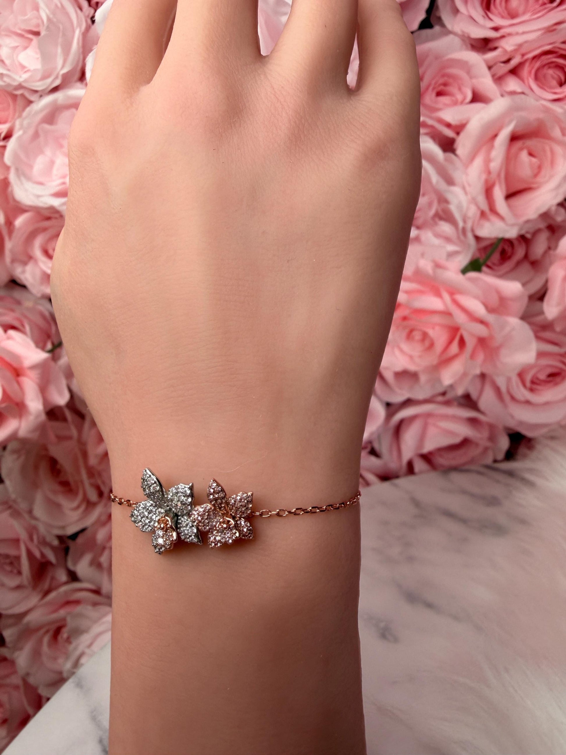 Sterling Silver Orchid Bangle, 14K Rose Gold Plated, Clear Zircon