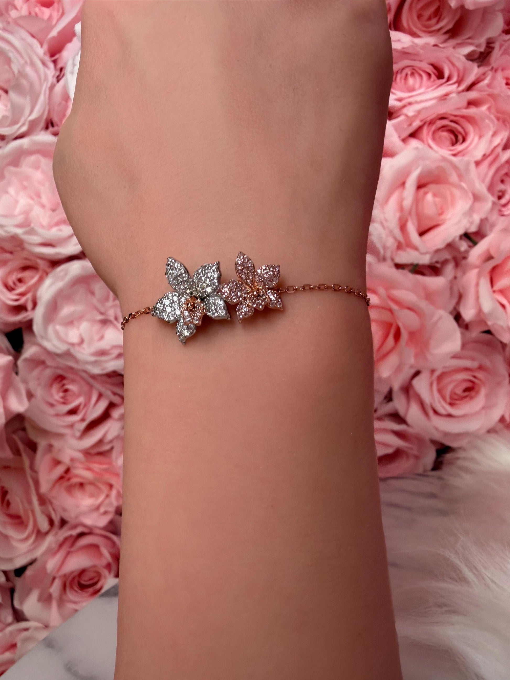 Sterling Silver Orchid Bangle, 14K Rose Gold Plated, Clear Zircon