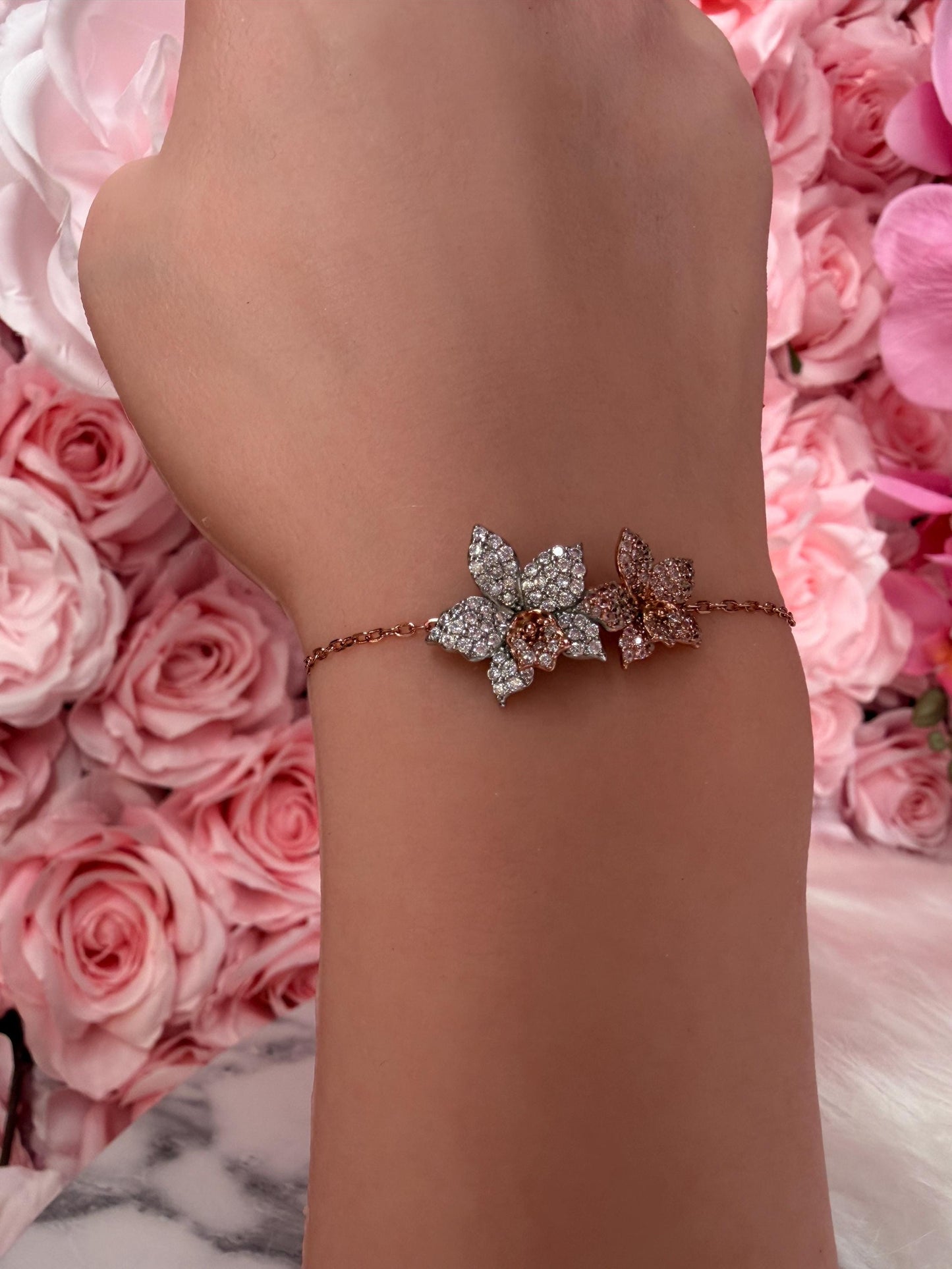 Sterling Silver Orchid Bangle, 14K Rose Gold Plated, Clear Zircon