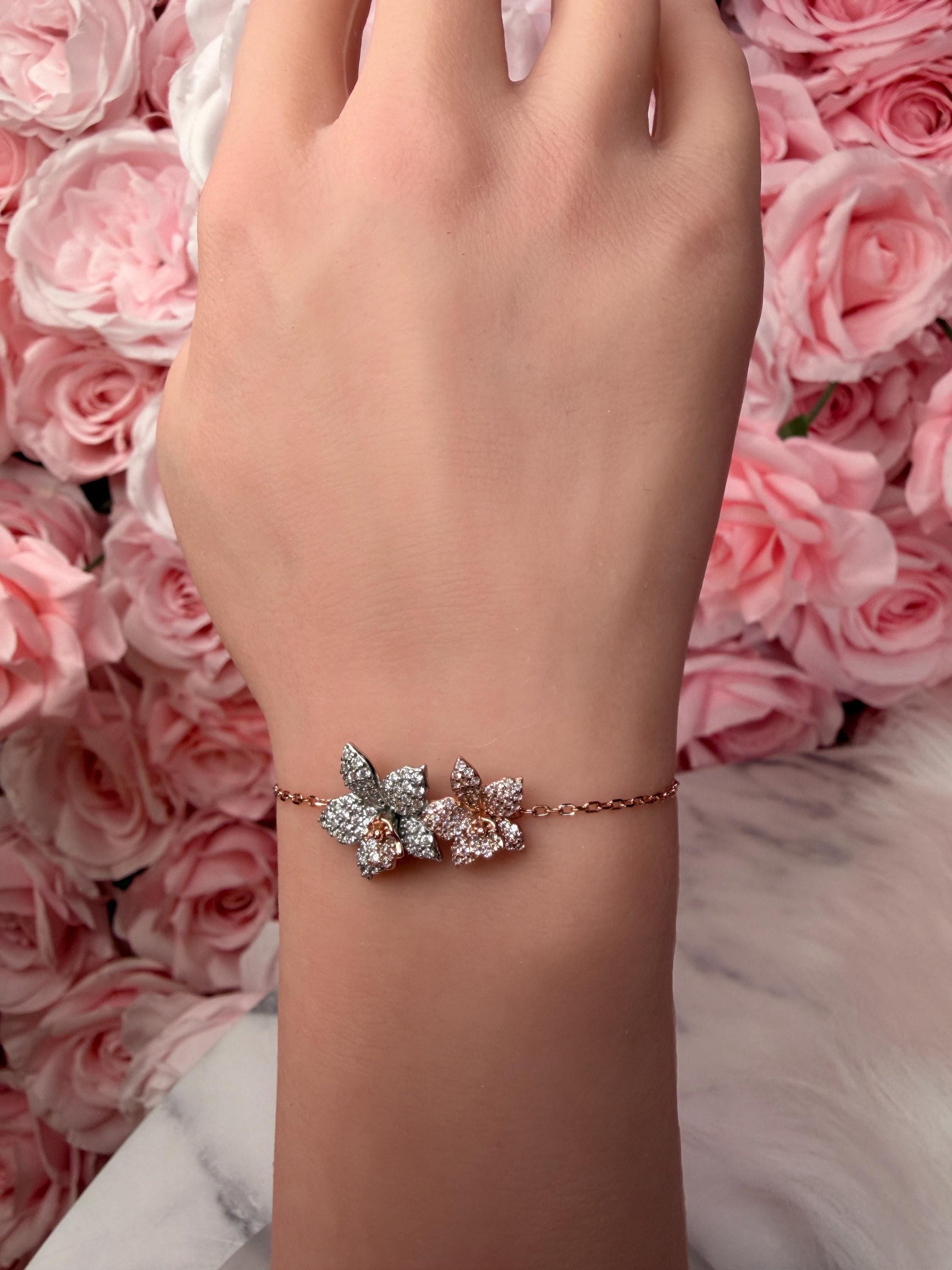 Sterling Silver Orchid Bangle, 14K Rose Gold Plated, Clear Zircon