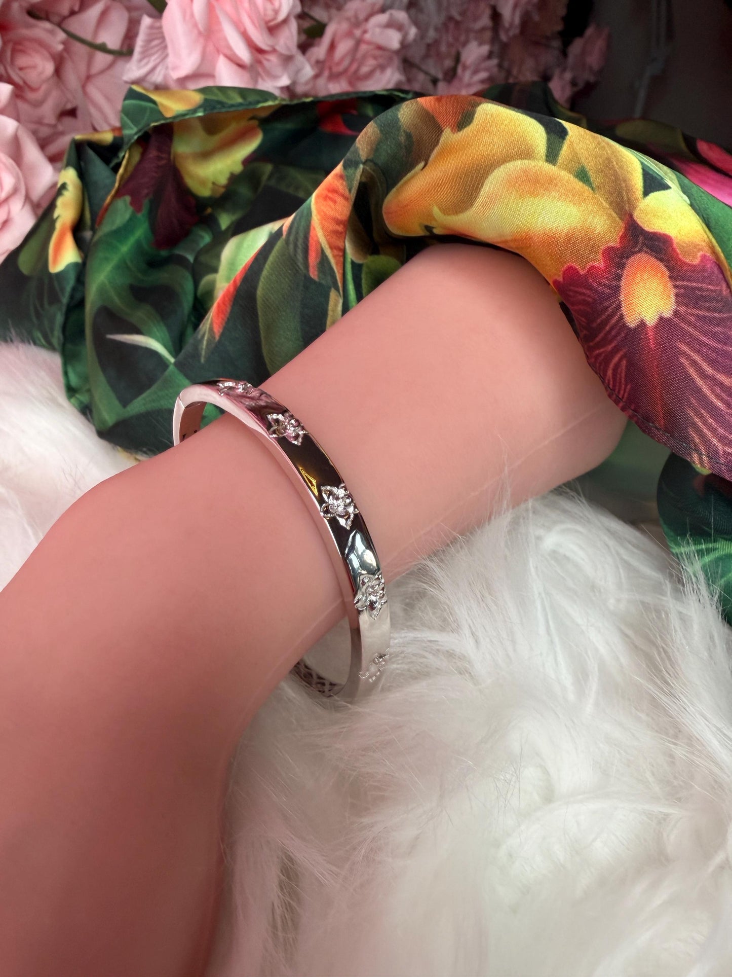 Synchrony Aloha: Cattleya Overlay Bangle | Rhodium Plated- Tarnish Free Bracelet