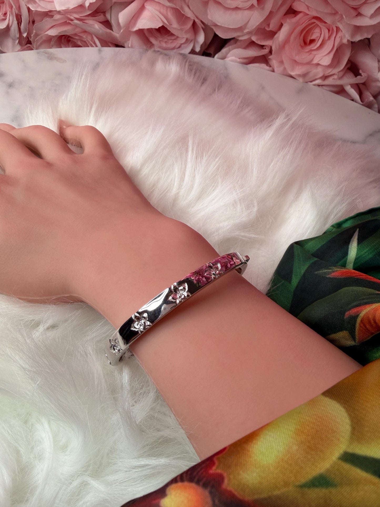 Synchrony Aloha: Cattleya Overlay Bangle | Rhodium Plated- Tarnish Free Bracelet