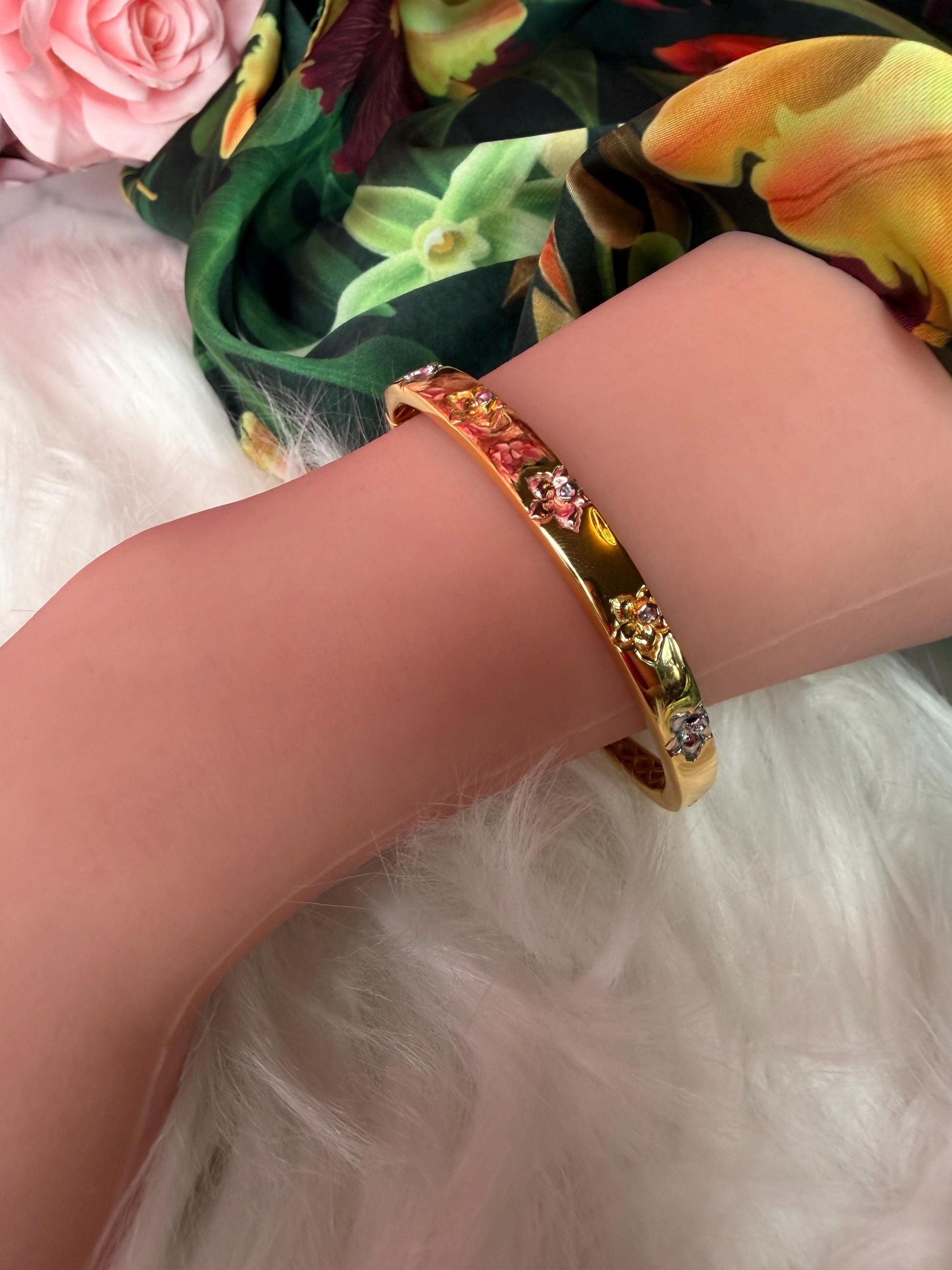 Synchrony Aloha: Cattleya Overlay Bangle | Gold Plated- Tarnish Free Bracelet