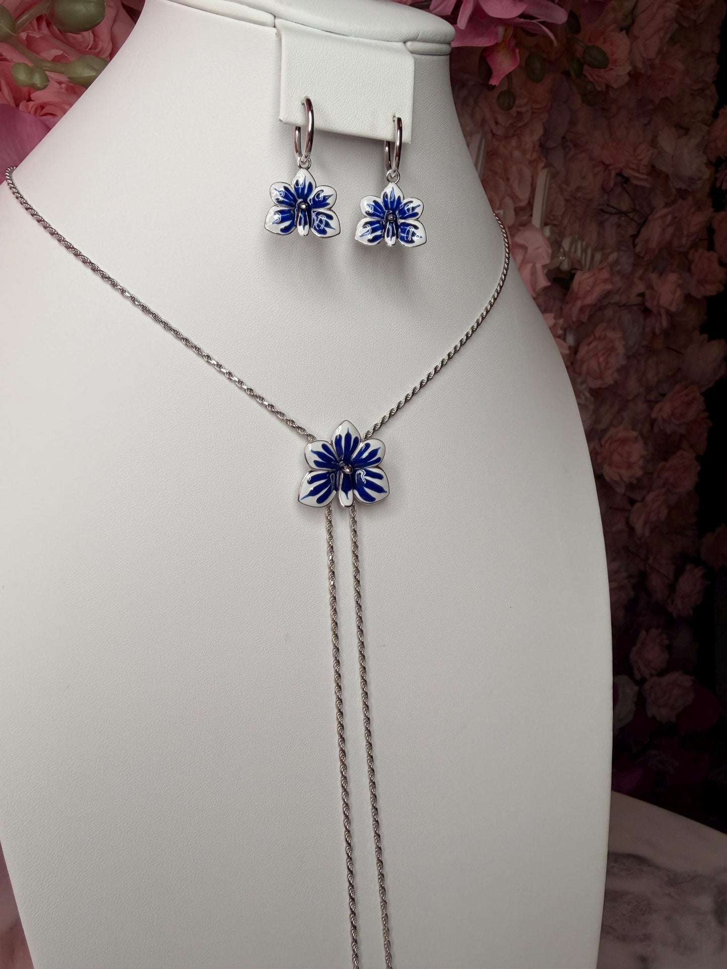 Ascocenda Orchid Blue & White Splash Collection • Statement Lariat or Hoop Earrings • S925 Silver