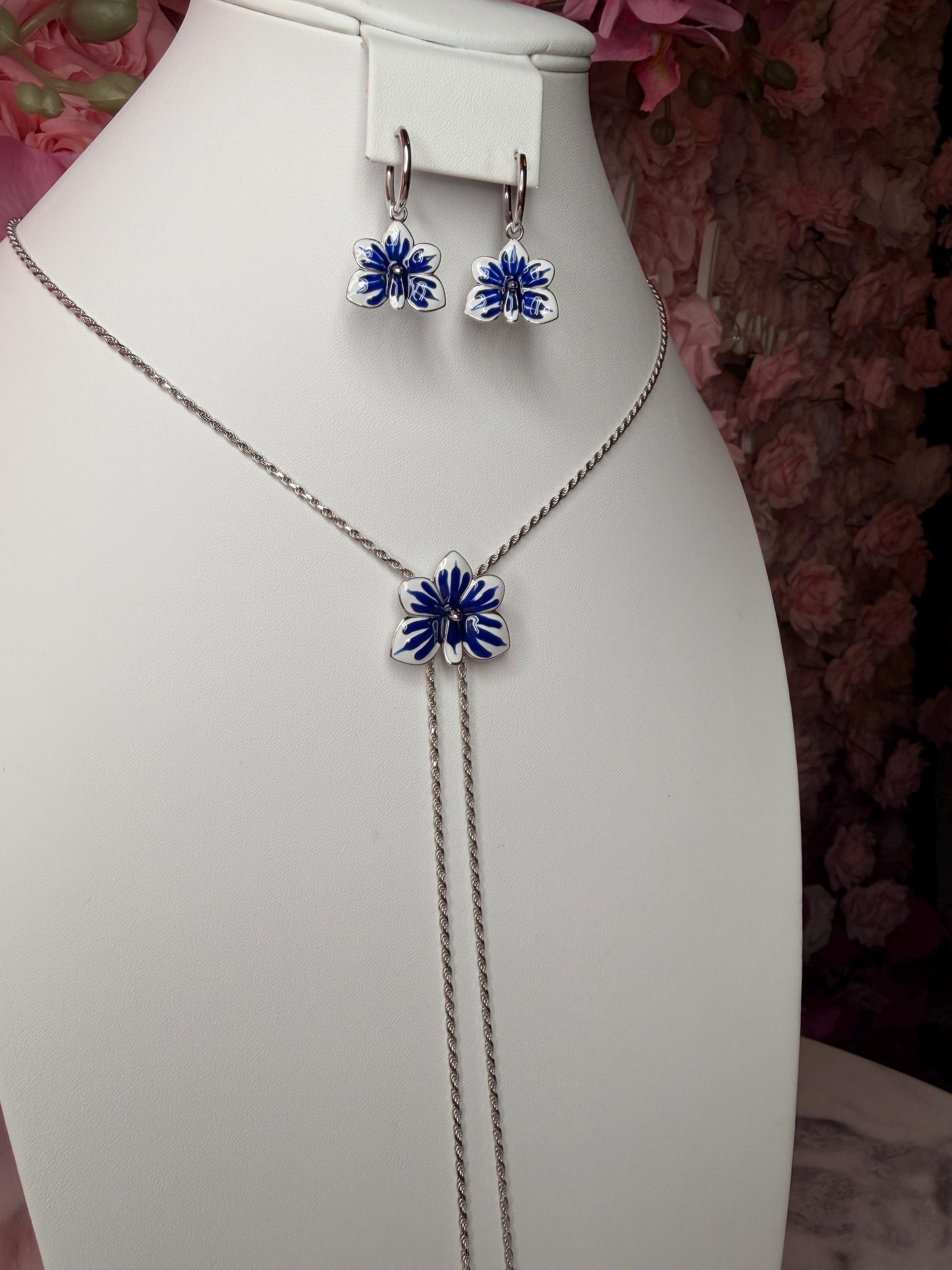 Ascocenda Orchid Blue & White Splash Collection • Statement Lariat or Hoop Earrings • S925 Silver