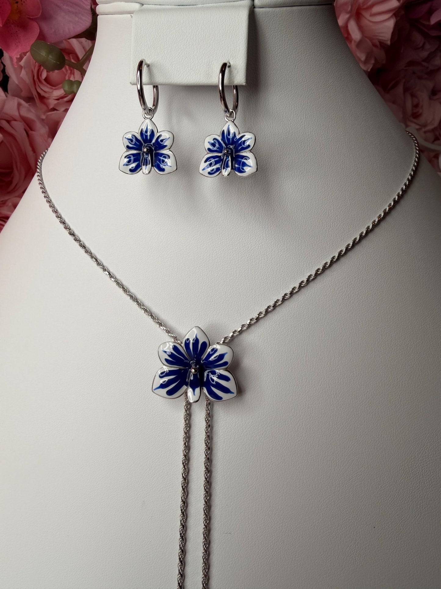 Ascocenda Orchid Blue & White Splash Collection • Statement Lariat or Hoop Earrings • S925 Silver