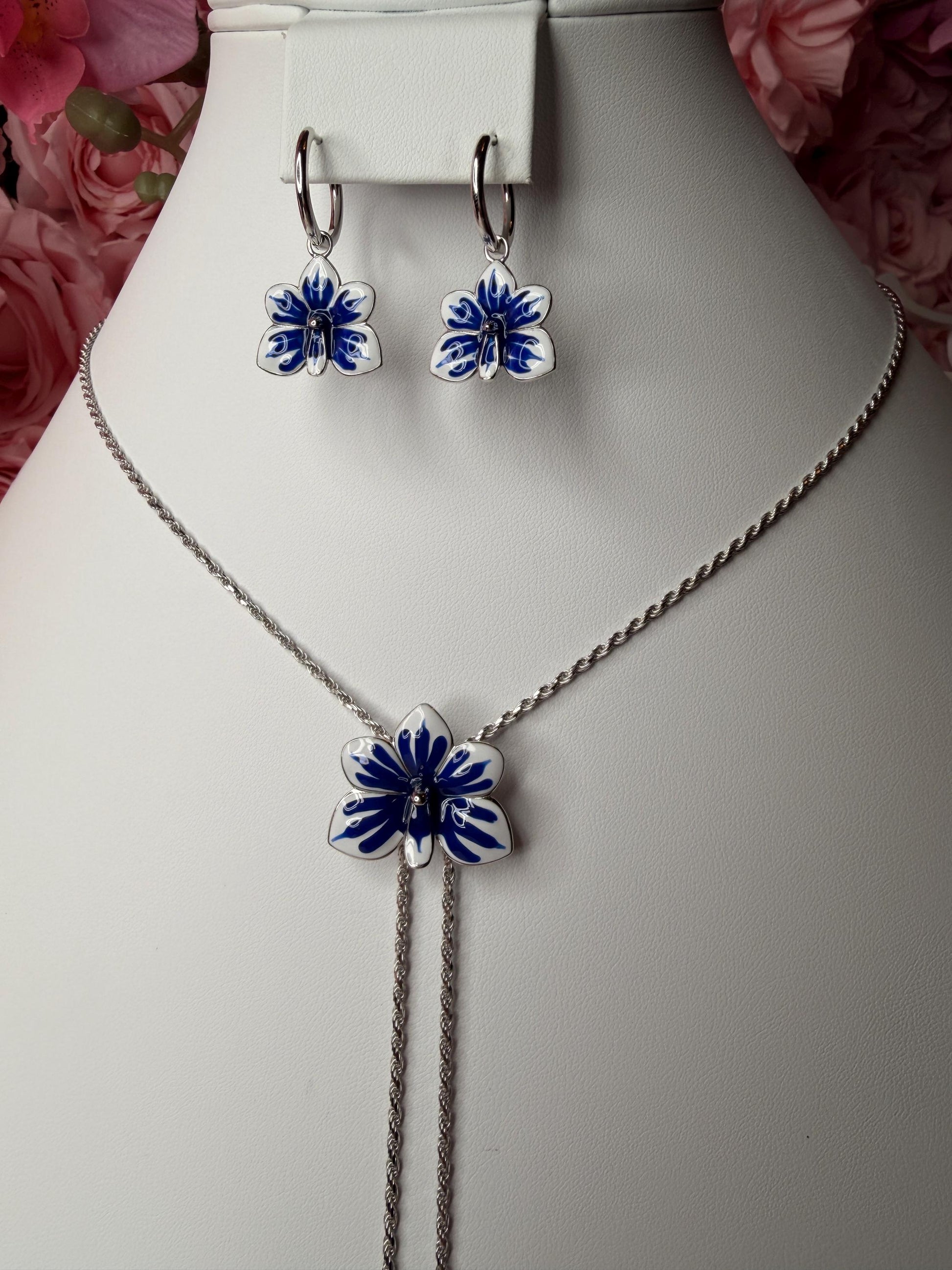 Ascocenda Orchid Blue & White Splash Collection • Statement Lariat or Hoop Earrings • S925 Silver