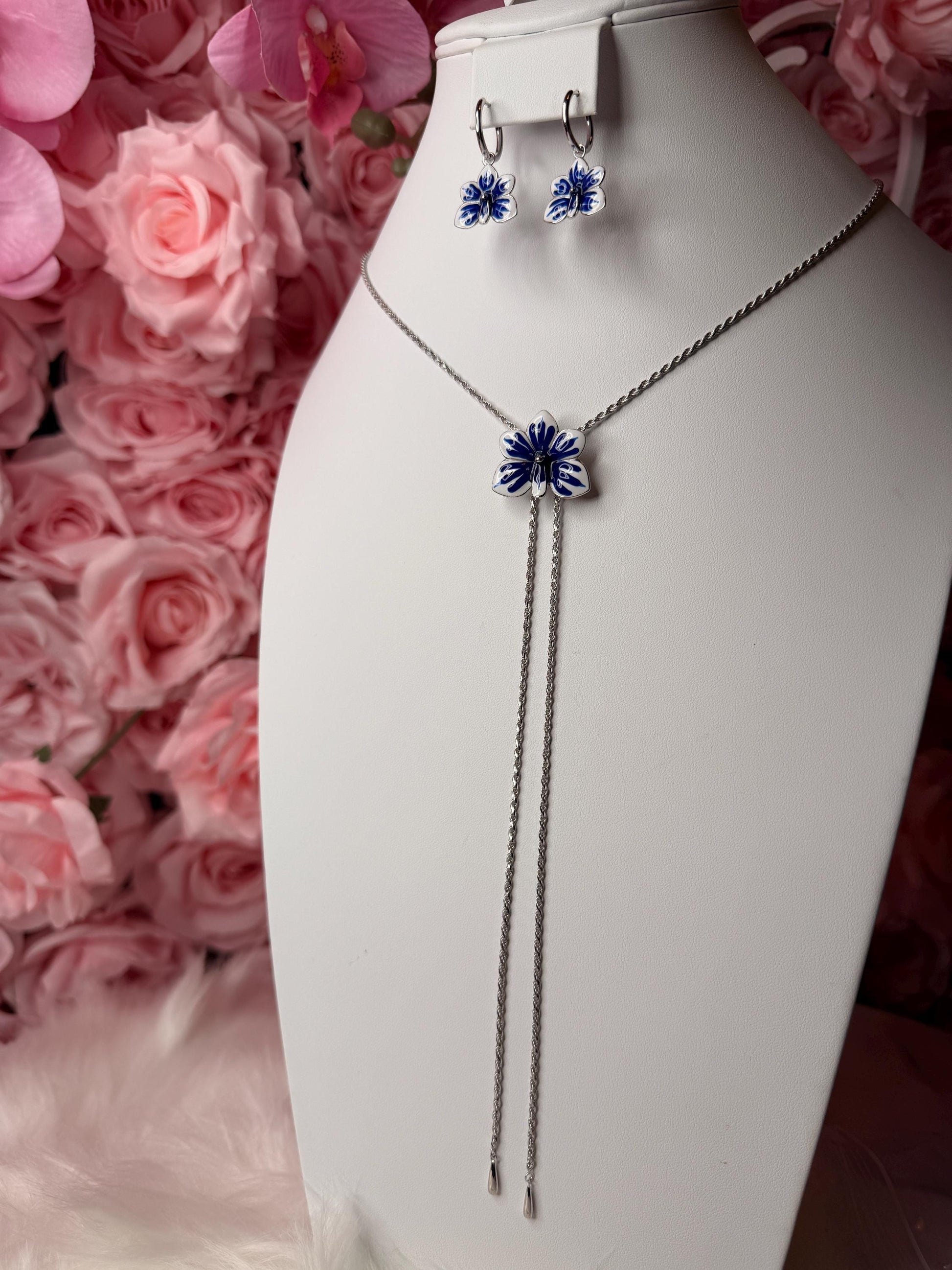 Ascocenda Orchid Blue & White Splash Collection • Statement Lariat or Hoop Earrings • S925 Silver