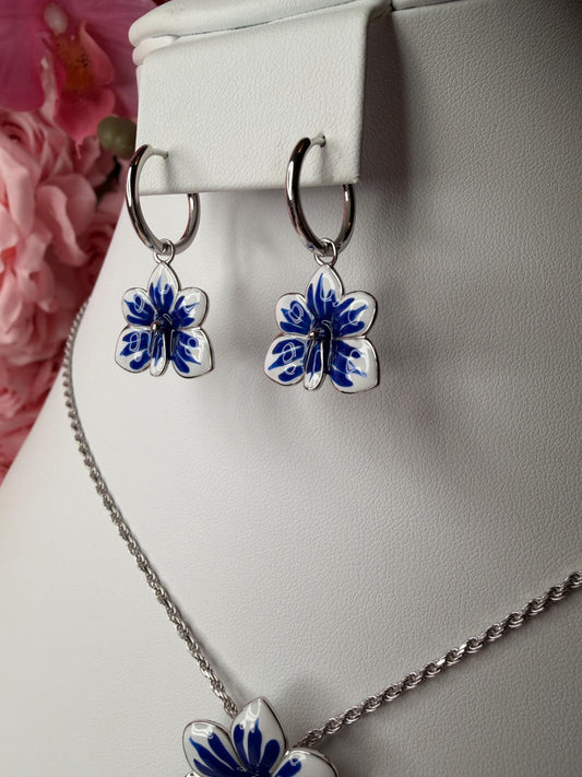 Ascocenda Orchid Blue & White Splash Collection • Statement Lariat or Hoop Earrings • S925 Silver