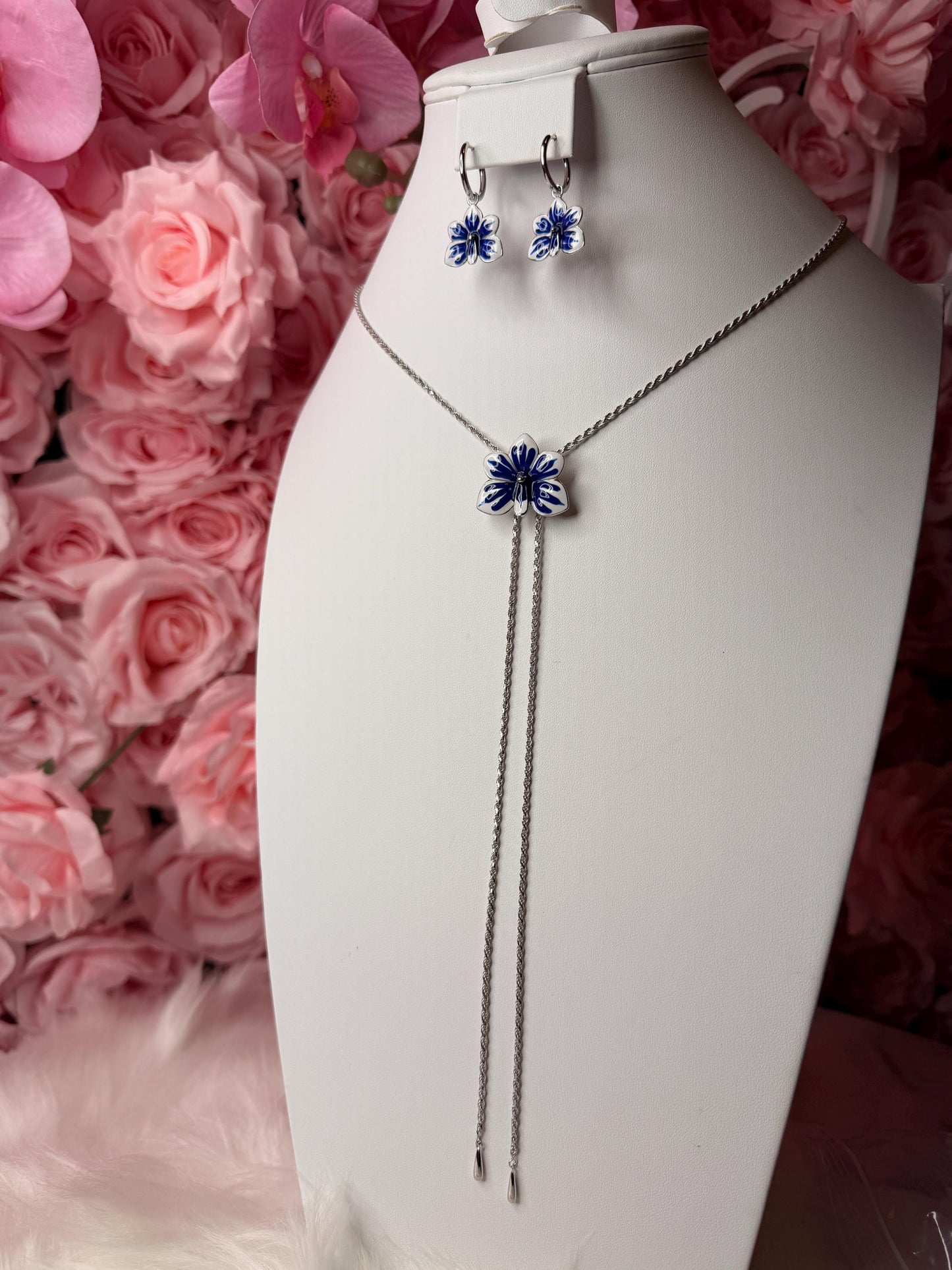 Ascocenda Orchid Blue & White Splash Collection • Statement Lariat or Hoop Earrings • S925 Silver