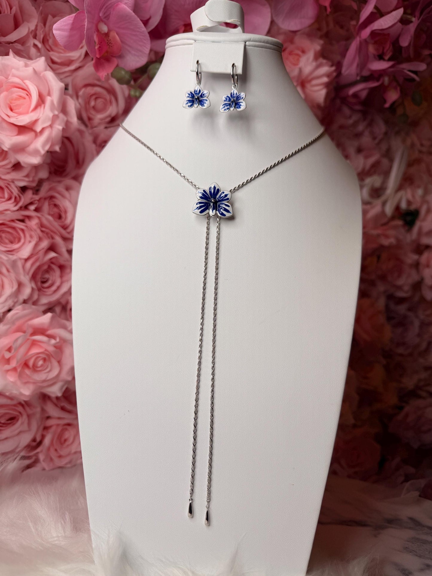 Ascocenda Orchid Blue & White Splash Collection • Statement Lariat or Hoop Earrings • S925 Silver