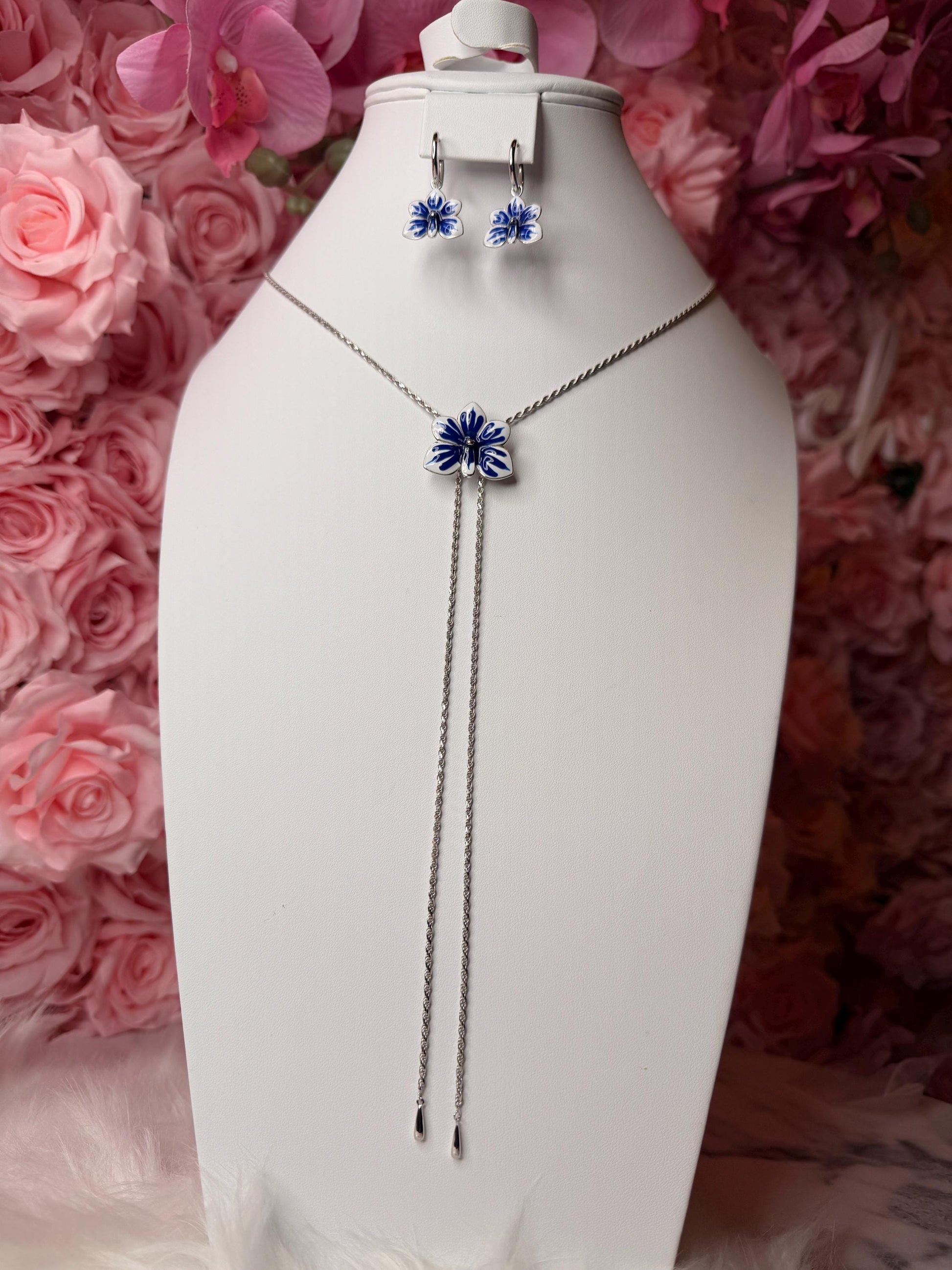 Ascocenda Orchid Blue & White Splash Collection • Statement Lariat or Hoop Earrings • S925 Silver