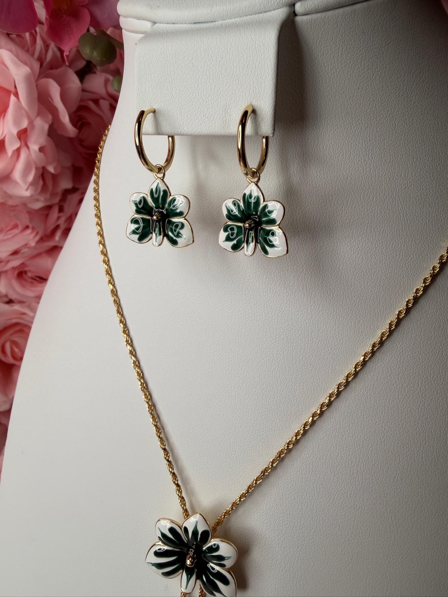 Ascocenda Vanda Orchid Tropical Green & White Splash Petal Collection • Statement Lariat or Hoop Earrings