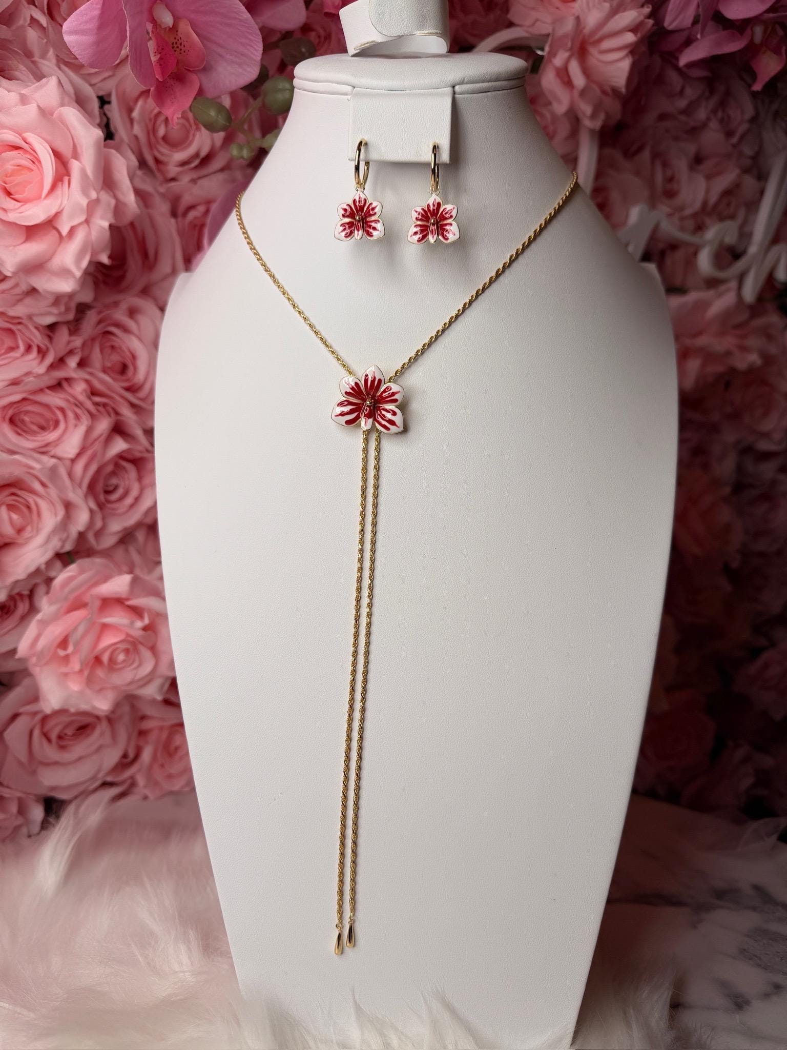 Ascocenda Vanda Orchid Red & White Splash Petal Collection • Statement Lariat or Hoop Earrings