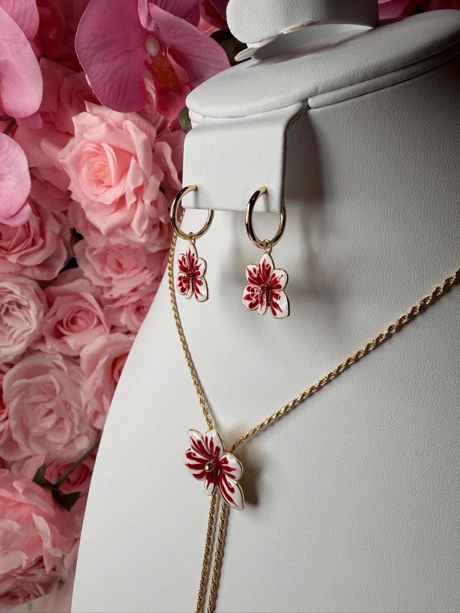 Ascocenda Vanda Orchid Red & White Splash Petal Collection • Statement Lariat or Hoop Earrings