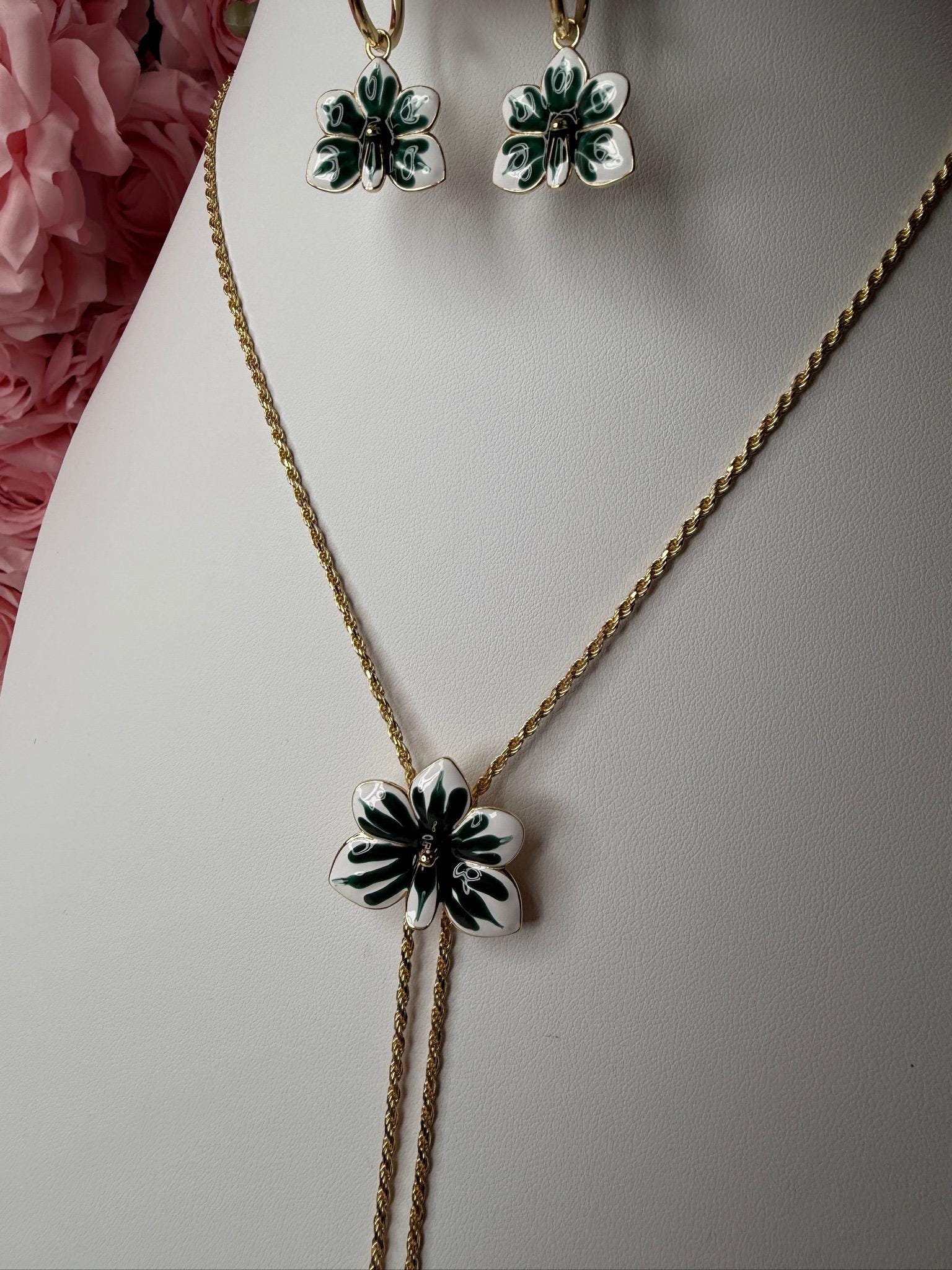 Ascocenda Vanda Orchid Tropical Green & White Splash Petal Collection • Statement Lariat or Hoop Earrings