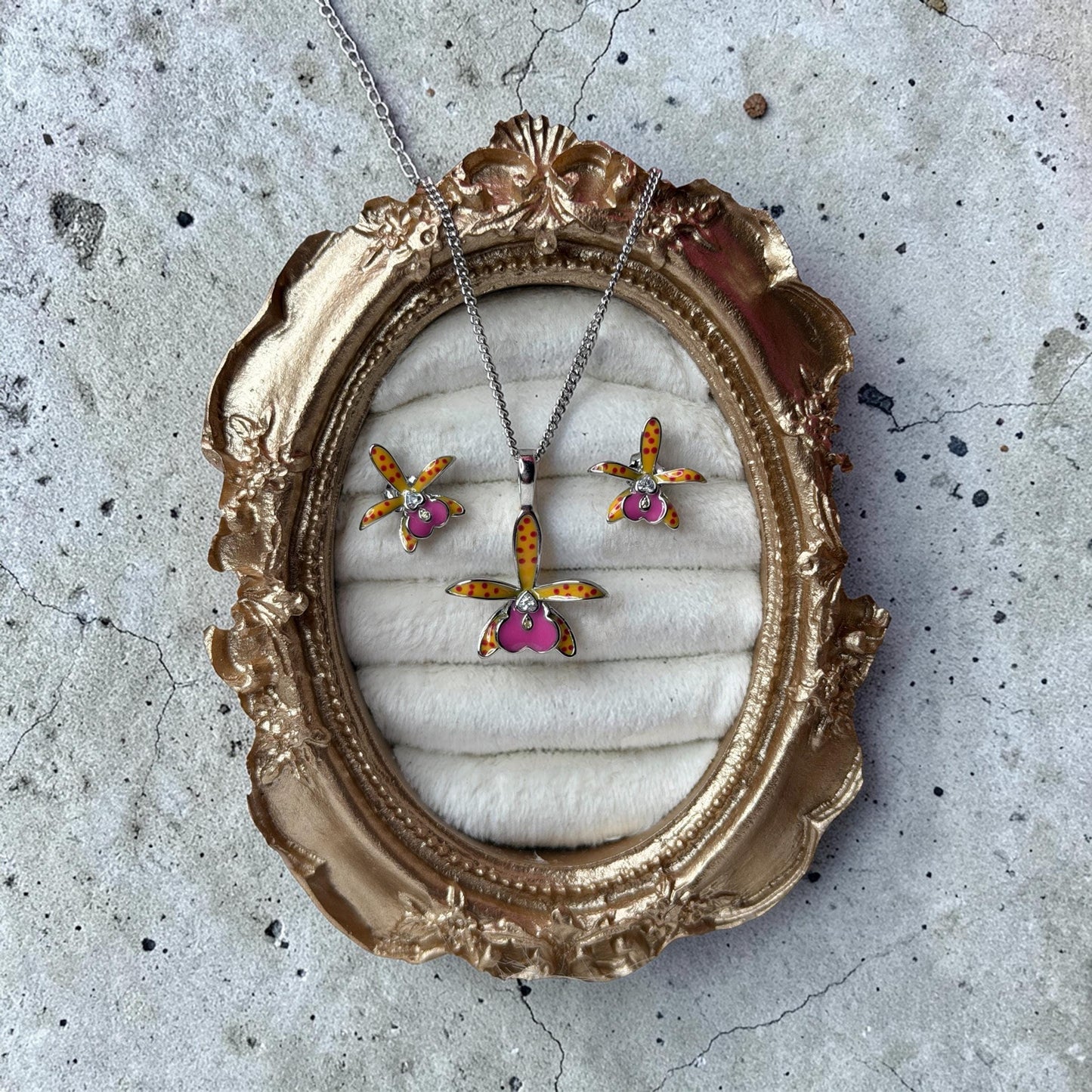 Brassocattleya Collection: Inspiration Small World BC Hippodamia Orchid Jewelry • Heart Zircon • Orange & Fuchsia Jewelry