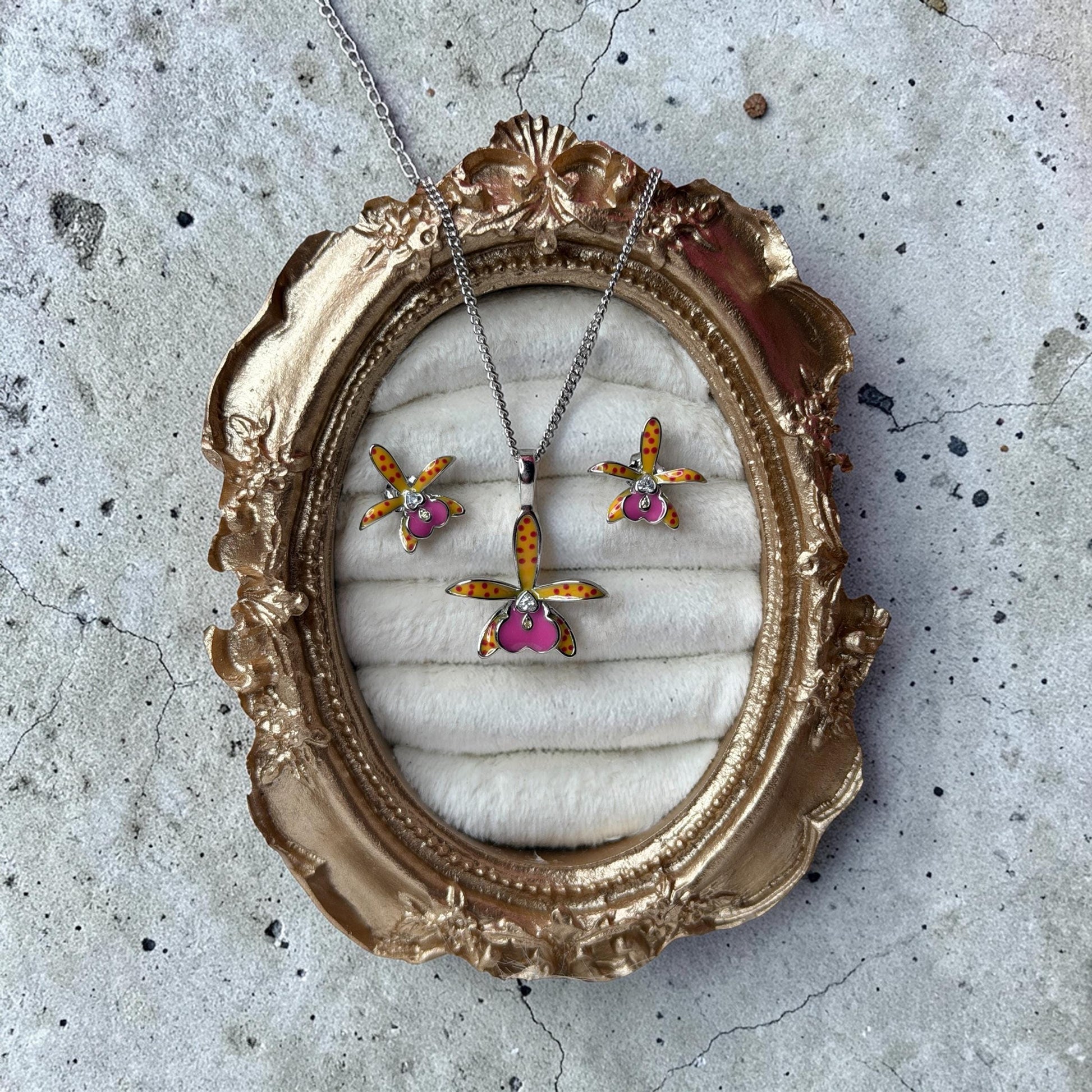 Brassocattleya Collection: Inspiration Small World BC Hippodamia Orchid Jewelry • Heart Zircon • Orange & Fuchsia Jewelry