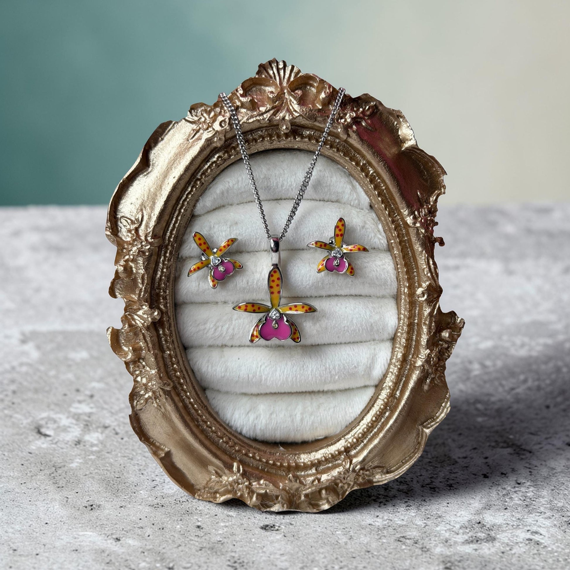Brassocattleya Collection: Inspiration Small World BC Hippodamia Orchid Jewelry • Heart Zircon • Orange & Fuchsia Jewelry
