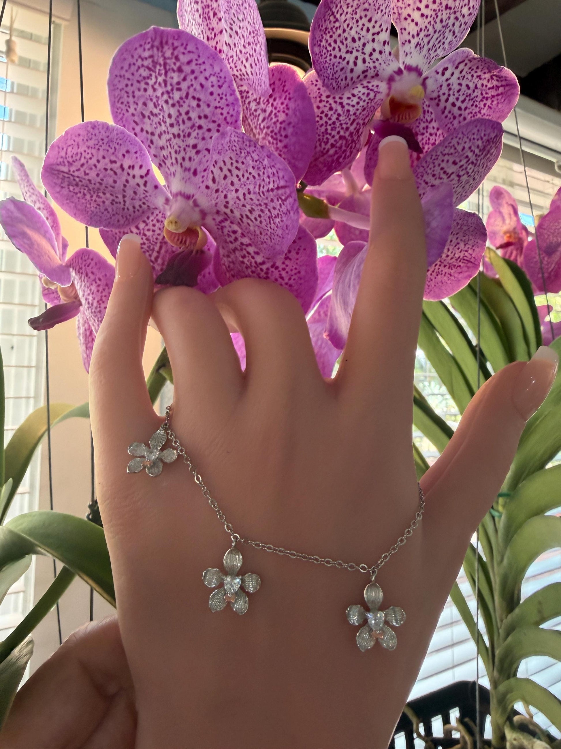 Vanda Triple Orchid Bracelet : White Gold Plated