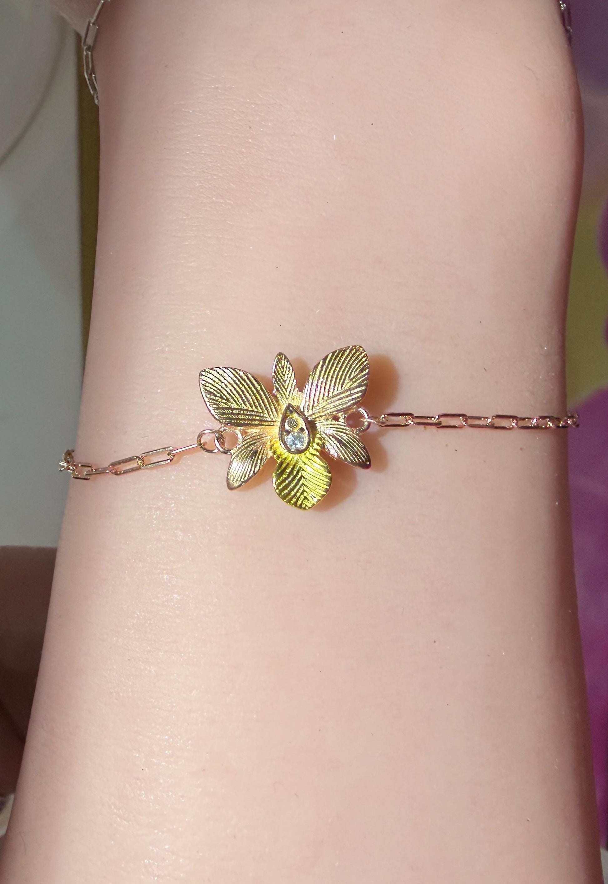Dendrobium Orchid Bracelet : Two Tone Rose Gold Plated