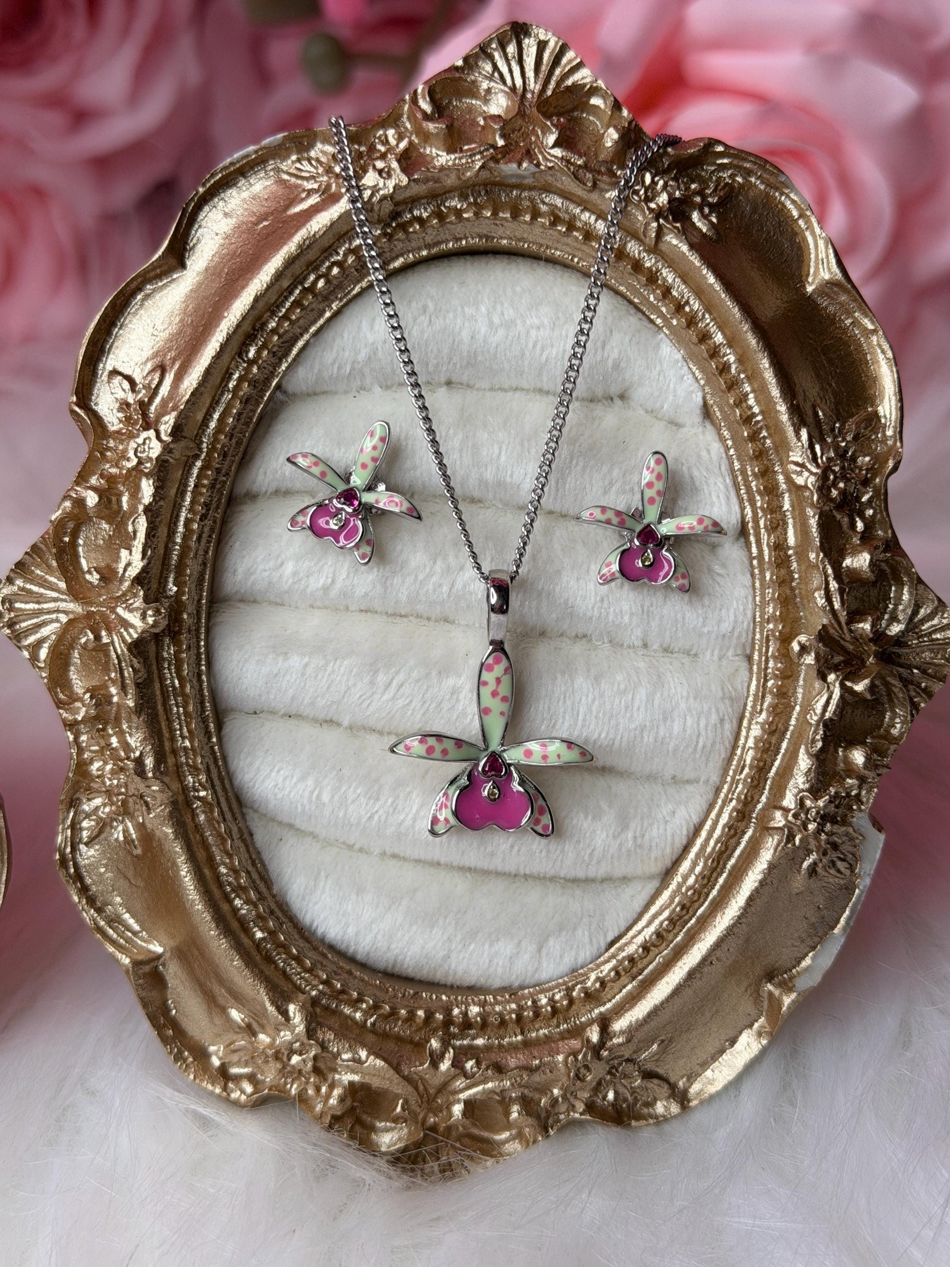 Brassocattleya Collection: Inspiration Small World BC Hippodamia Orchid Jewelry • Heart Zircon • Lime & Fuchsia Jewelry