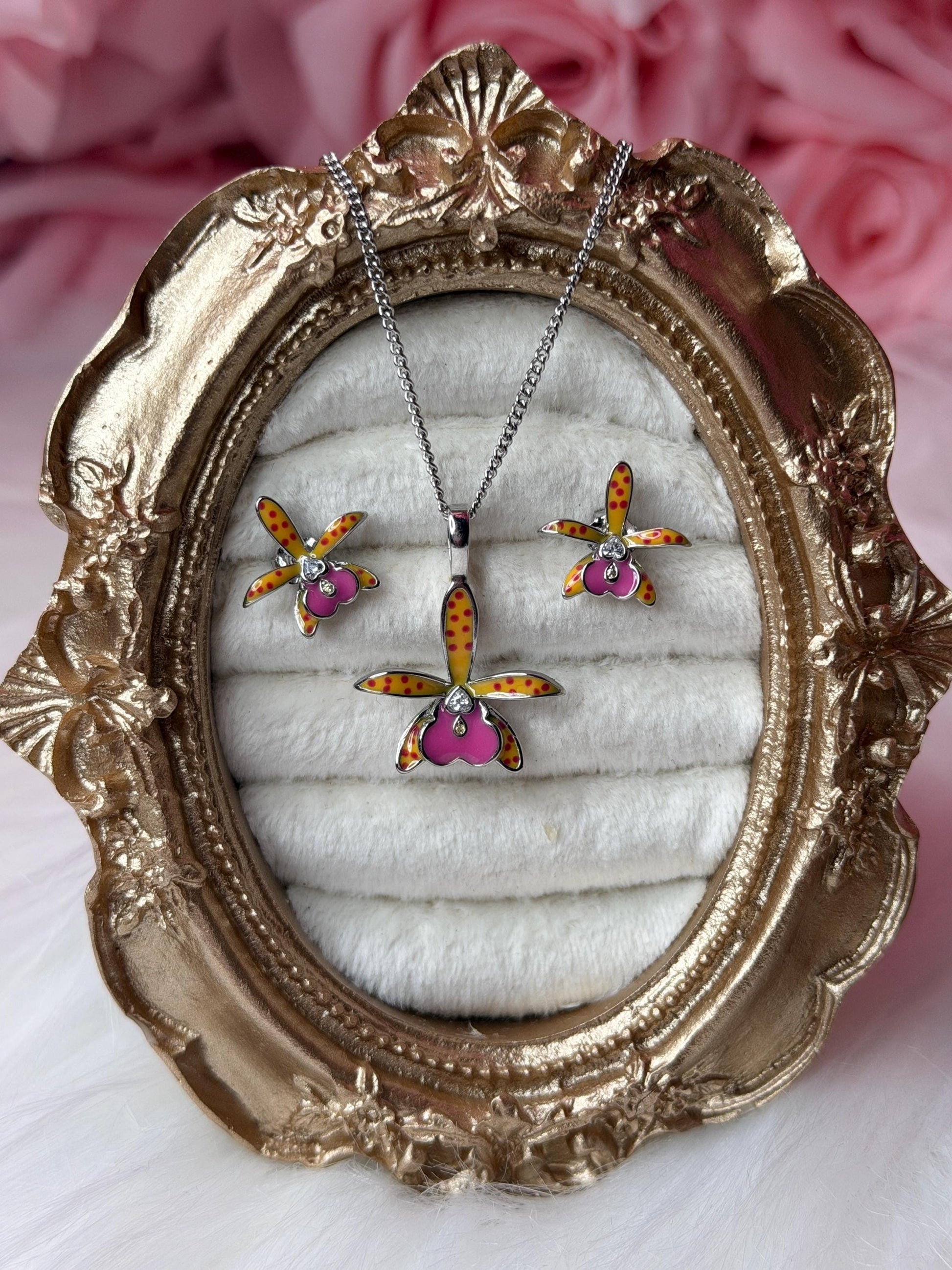 Brassocattleya Collection: Inspiration Small World BC Hippodamia Orchid Jewelry • Heart Zircon • Orange & Fuchsia Jewelry