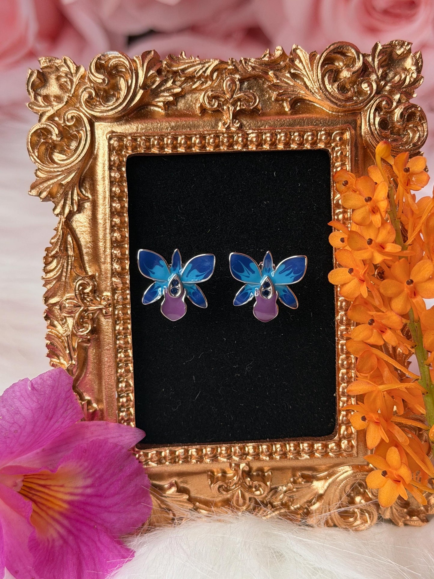 Dendrobium Orchid Jewelry Set • Blue & Pink Enamel Earrings and Ring • Floral Gift for Her