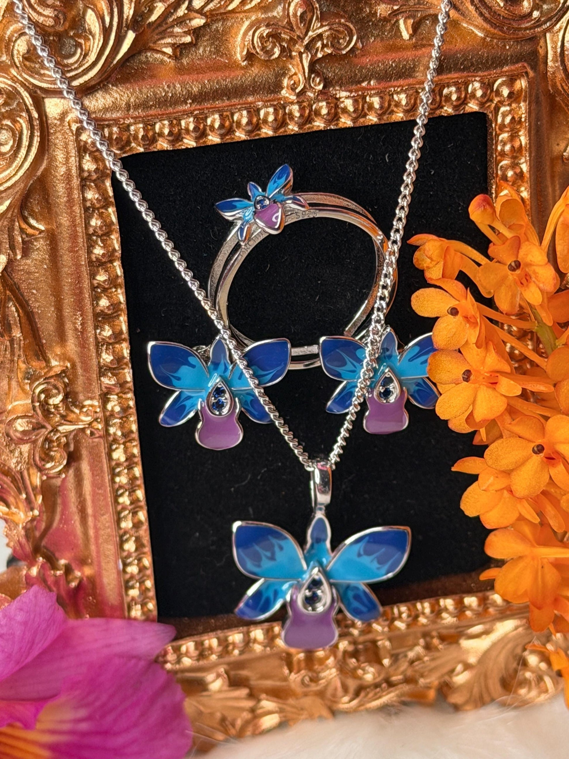 Dendrobium Orchid Jewelry Set • Blue & Pink Enamel Earrings and Ring • Floral Gift for Her