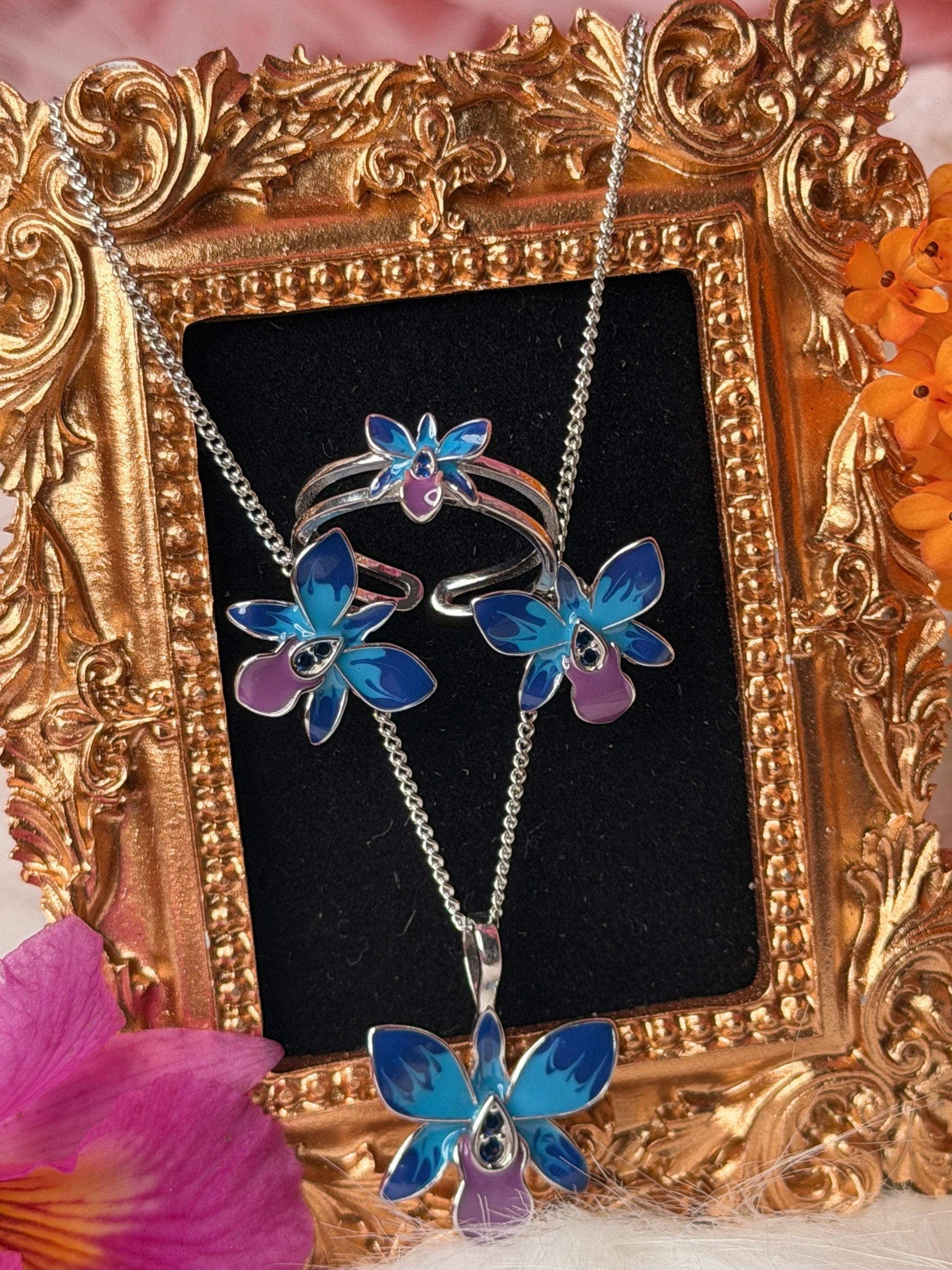 Dendrobium Orchid Jewelry Set • Blue & Pink Enamel Earrings and Ring • Floral Gift for Her