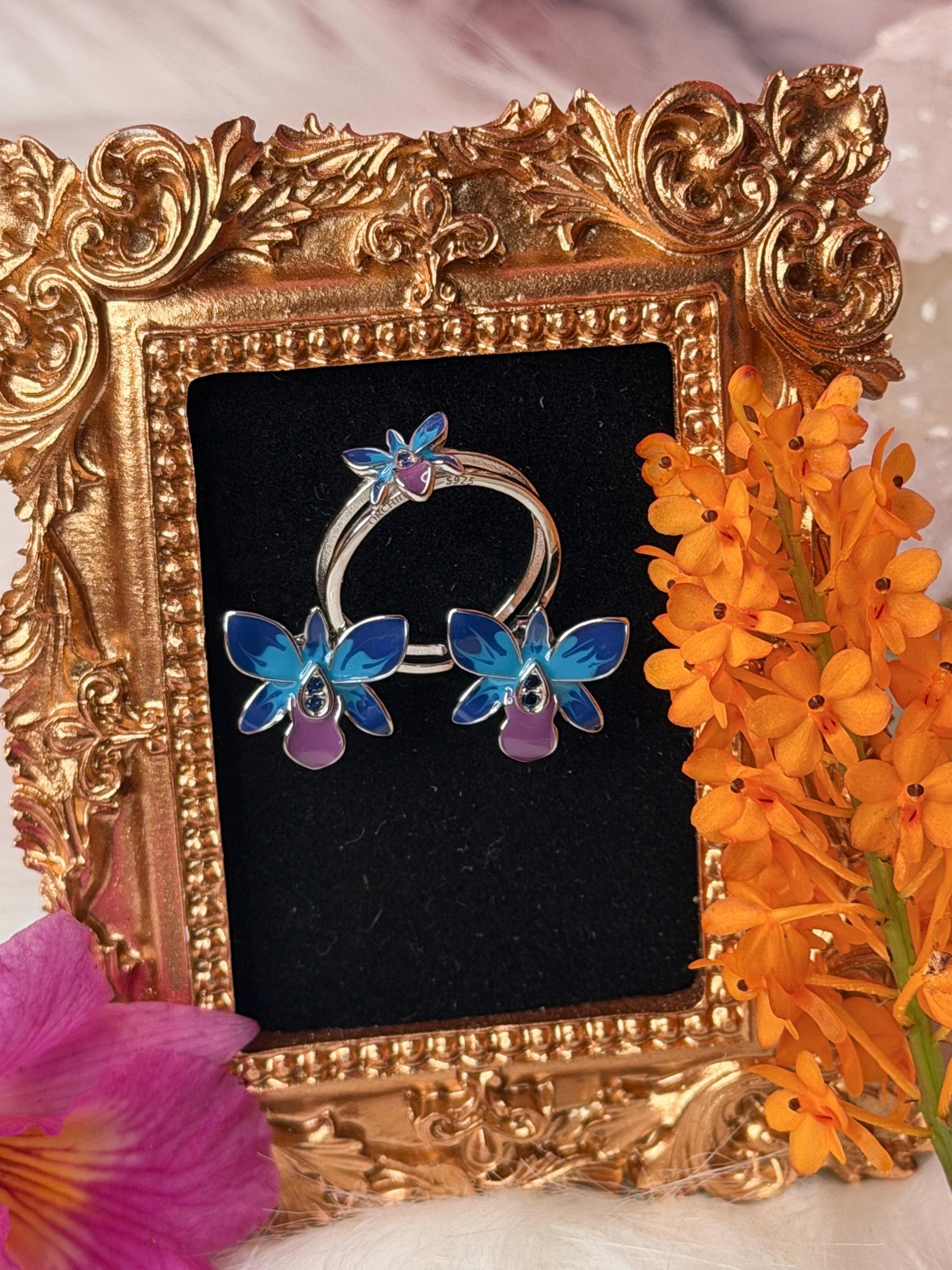 Dendrobium Orchid Jewelry Set • Blue & Pink Enamel Earrings and Ring • Floral Gift for Her