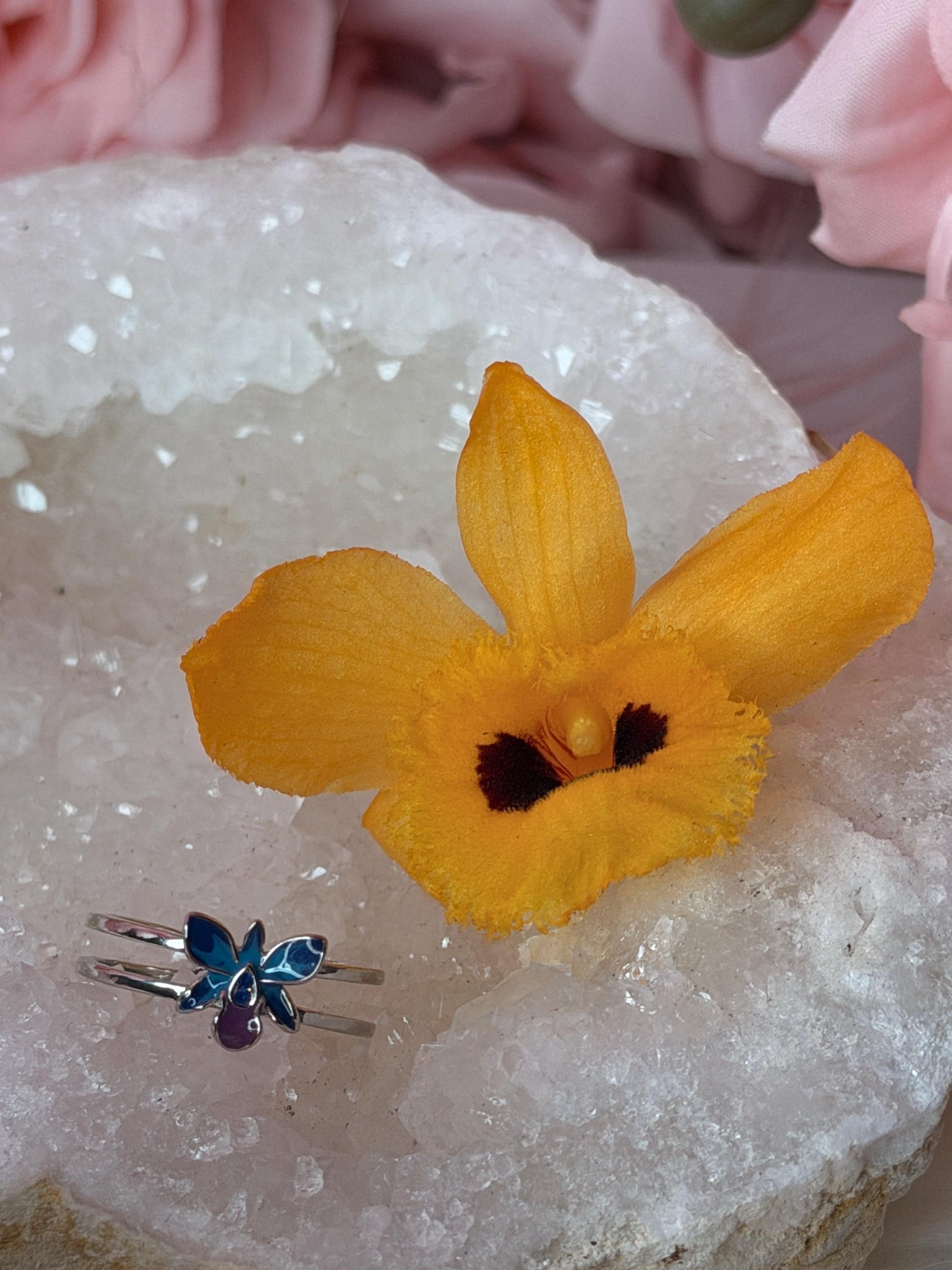 Dendrobium Orchid Jewelry Set • Blue & Pink Enamel Earrings and Ring • Floral Gift for Her