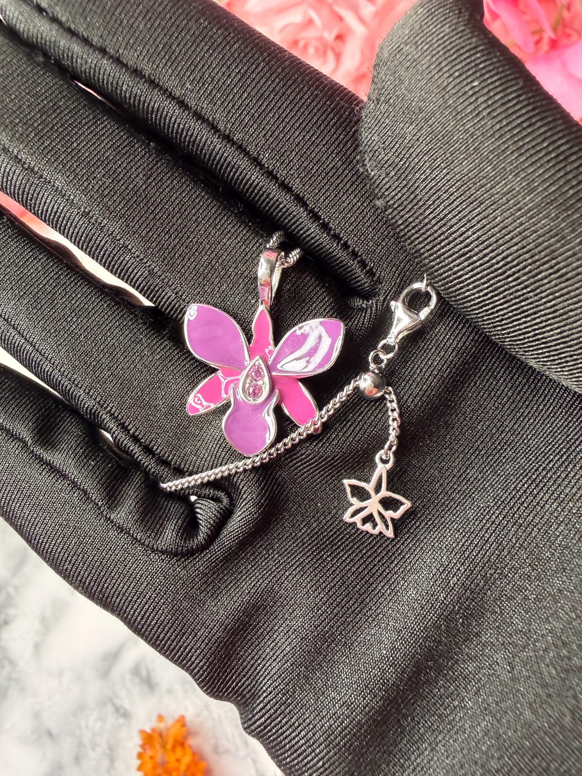 Dendrobium Orchid Jewelry Set • Purple & Pink Enamel Earrings and Ring • Floral Gift for Her