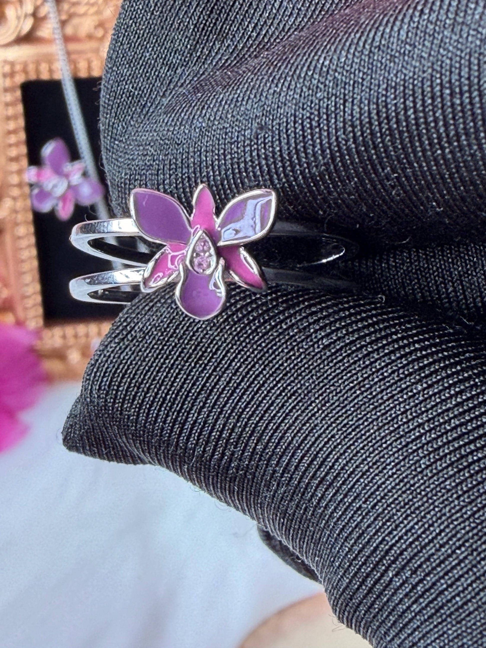Dendrobium Orchid Jewelry Set • Purple & Pink Enamel Earrings and Ring • Floral Gift for Her