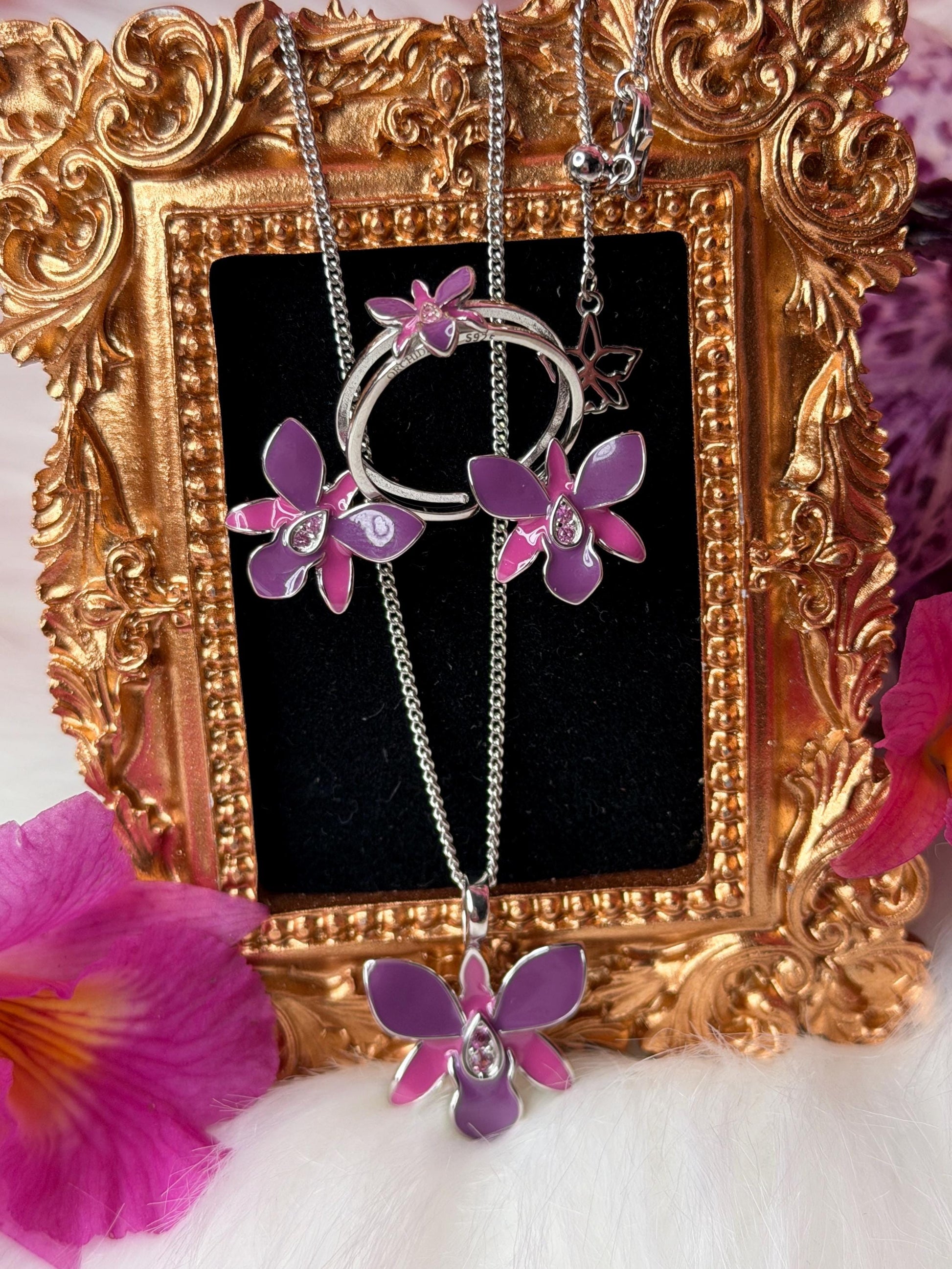 Dendrobium Orchid Jewelry Set • Purple & Pink Enamel Earrings and Ring • Floral Gift for Her