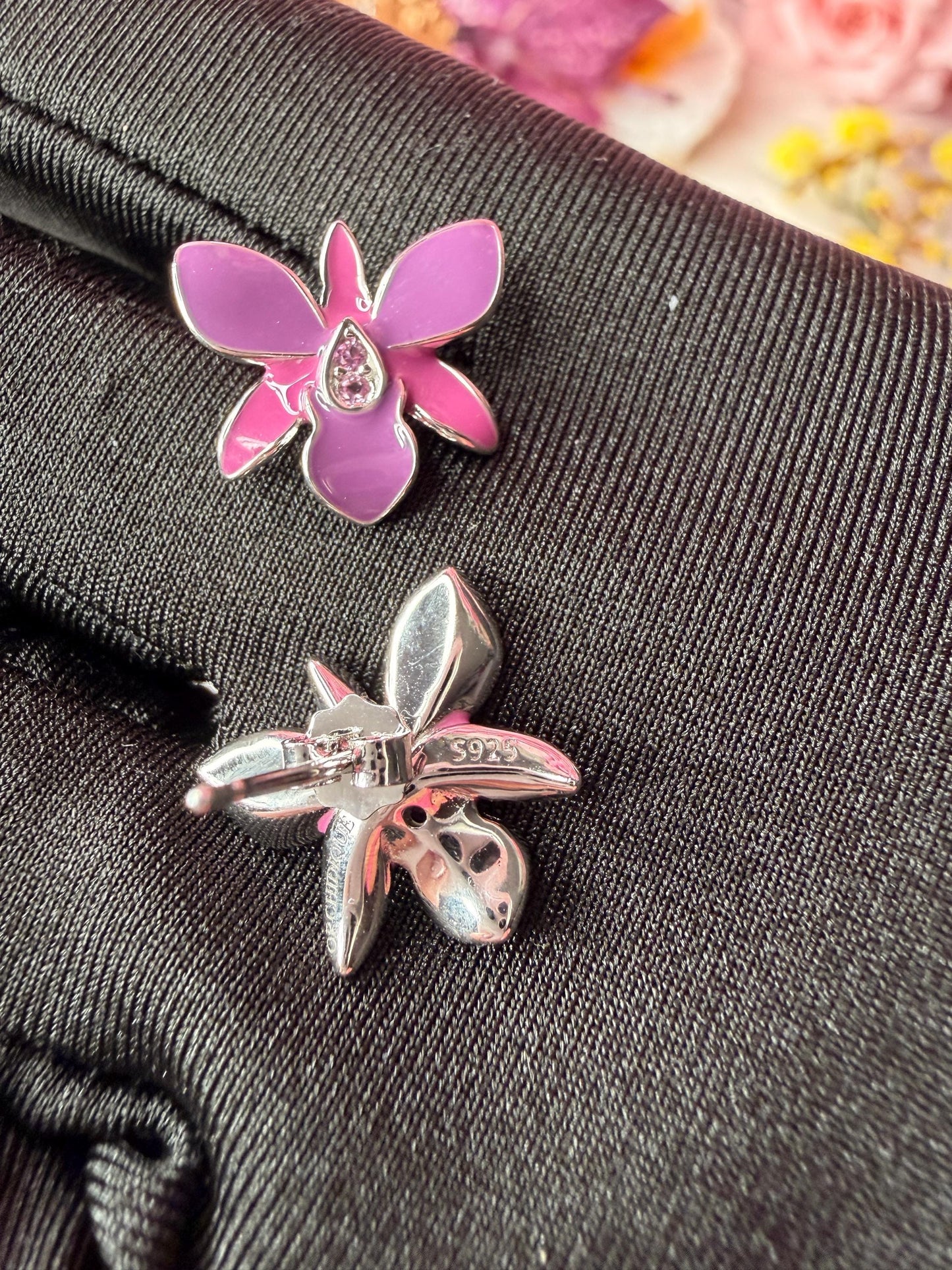 Dendrobium Orchid Jewelry Set • Purple & Pink Enamel Earrings and Ring • Floral Gift for Her