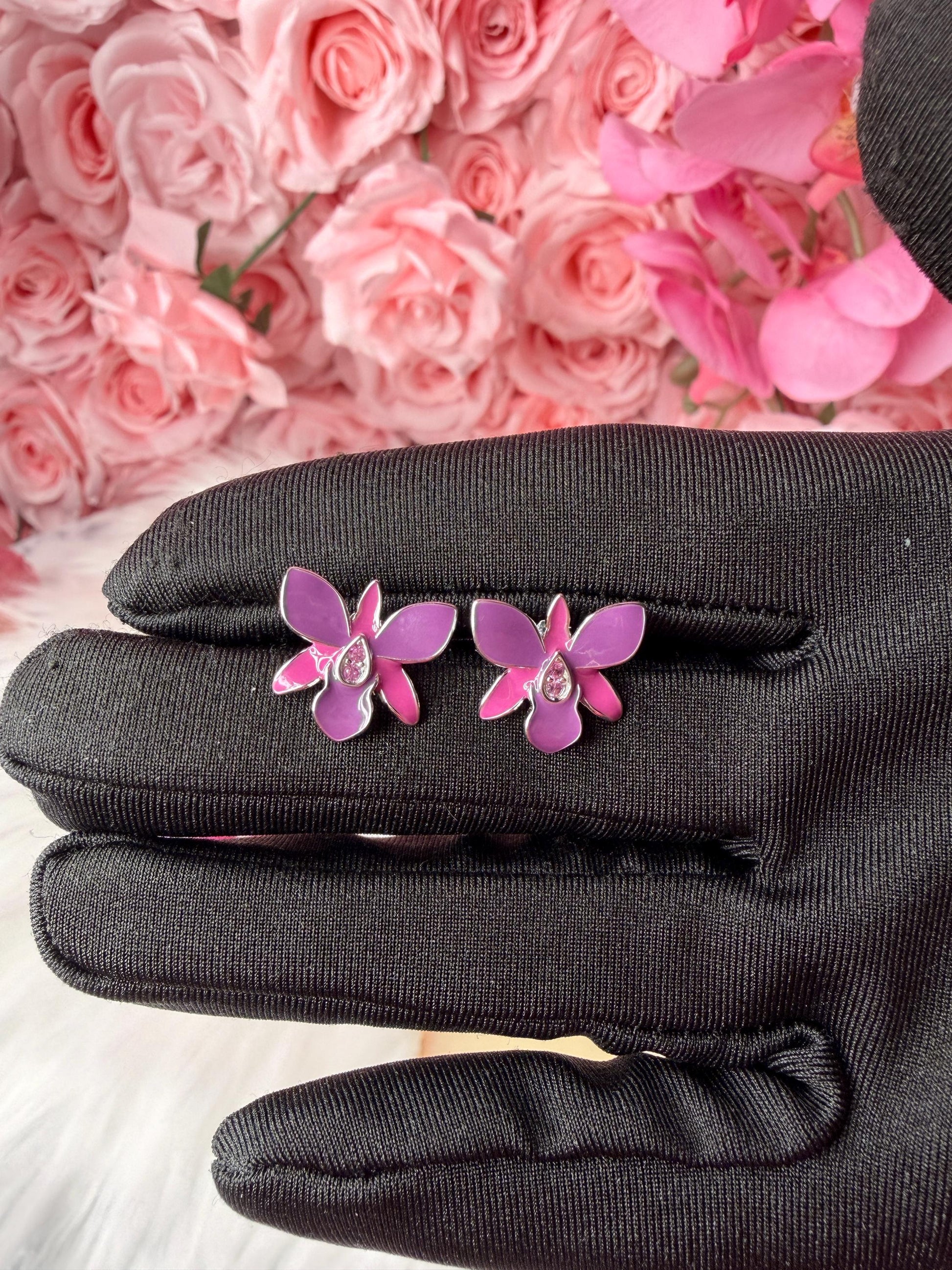 Dendrobium Orchid Jewelry Set • Purple & Pink Enamel Earrings and Ring • Floral Gift for Her