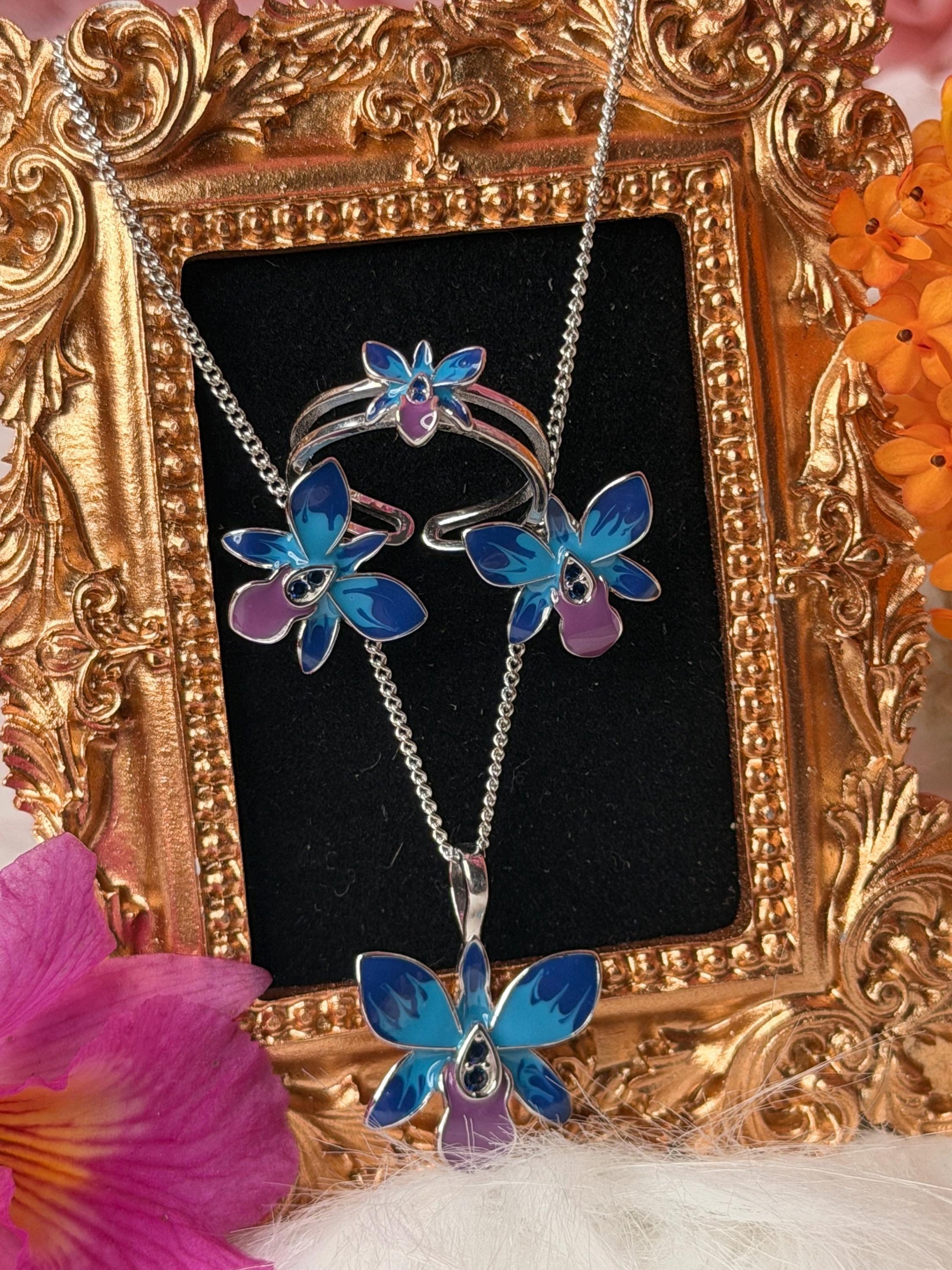 Dendrobium Orchid Jewelry Set • Blue & Pink Enamel Earrings and Ring • Floral Gift for Her