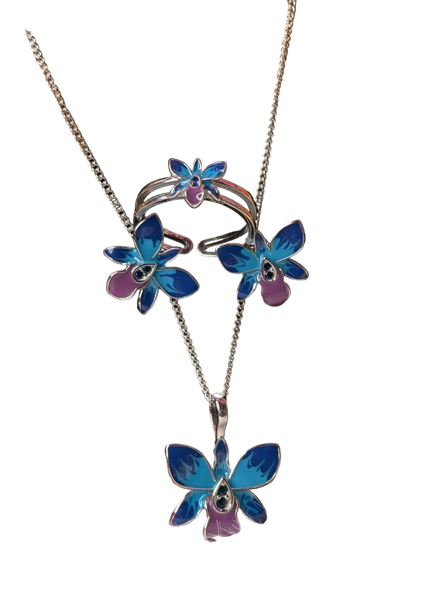 Dendrobium Orchid Jewelry Set • Blue & Purple Enamel Earrings and Ring
