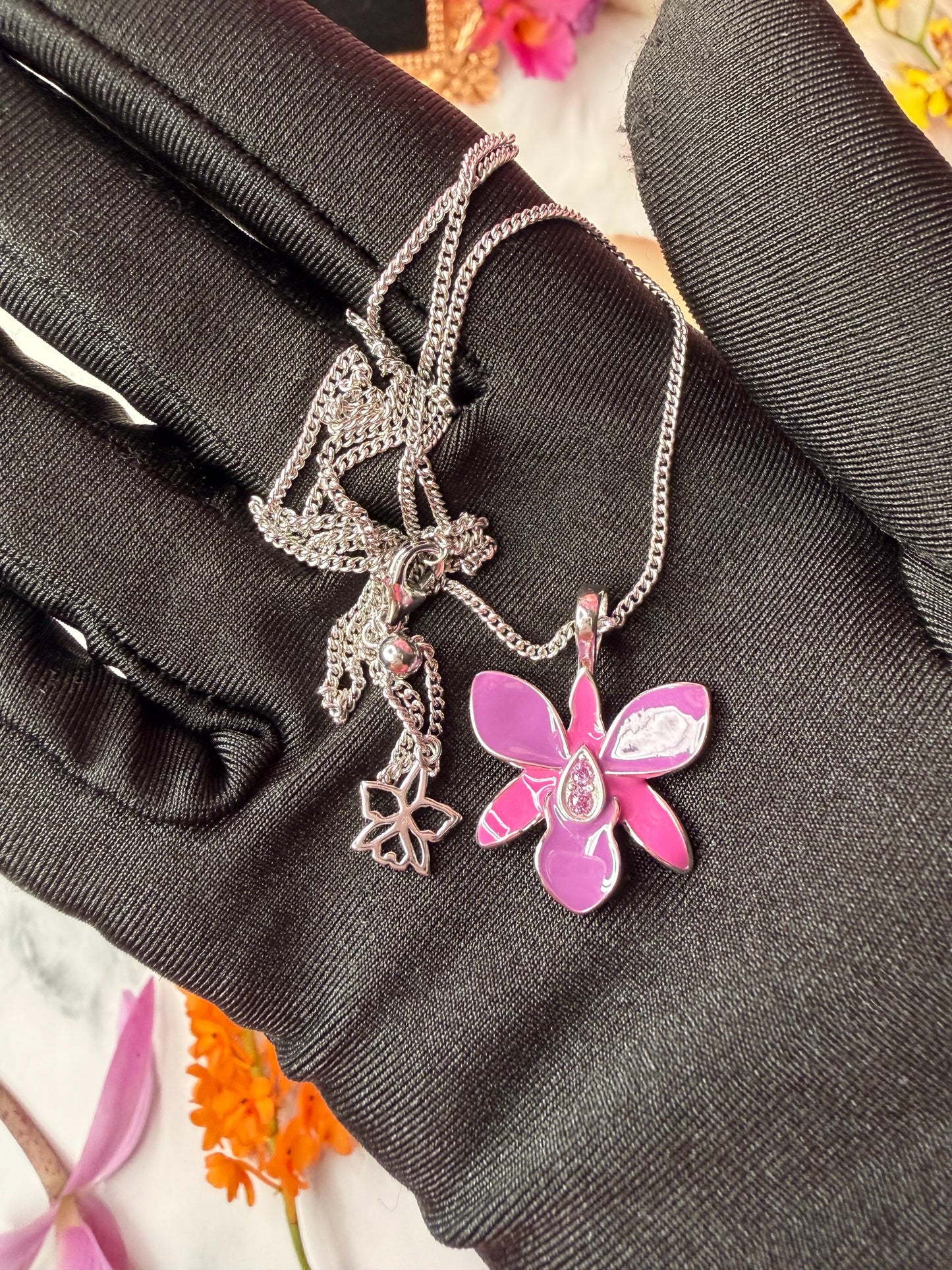 Dendrobium Orchid Jewelry Set • Purple & Pink Enamel Earrings and Ring • Floral Gift for Her
