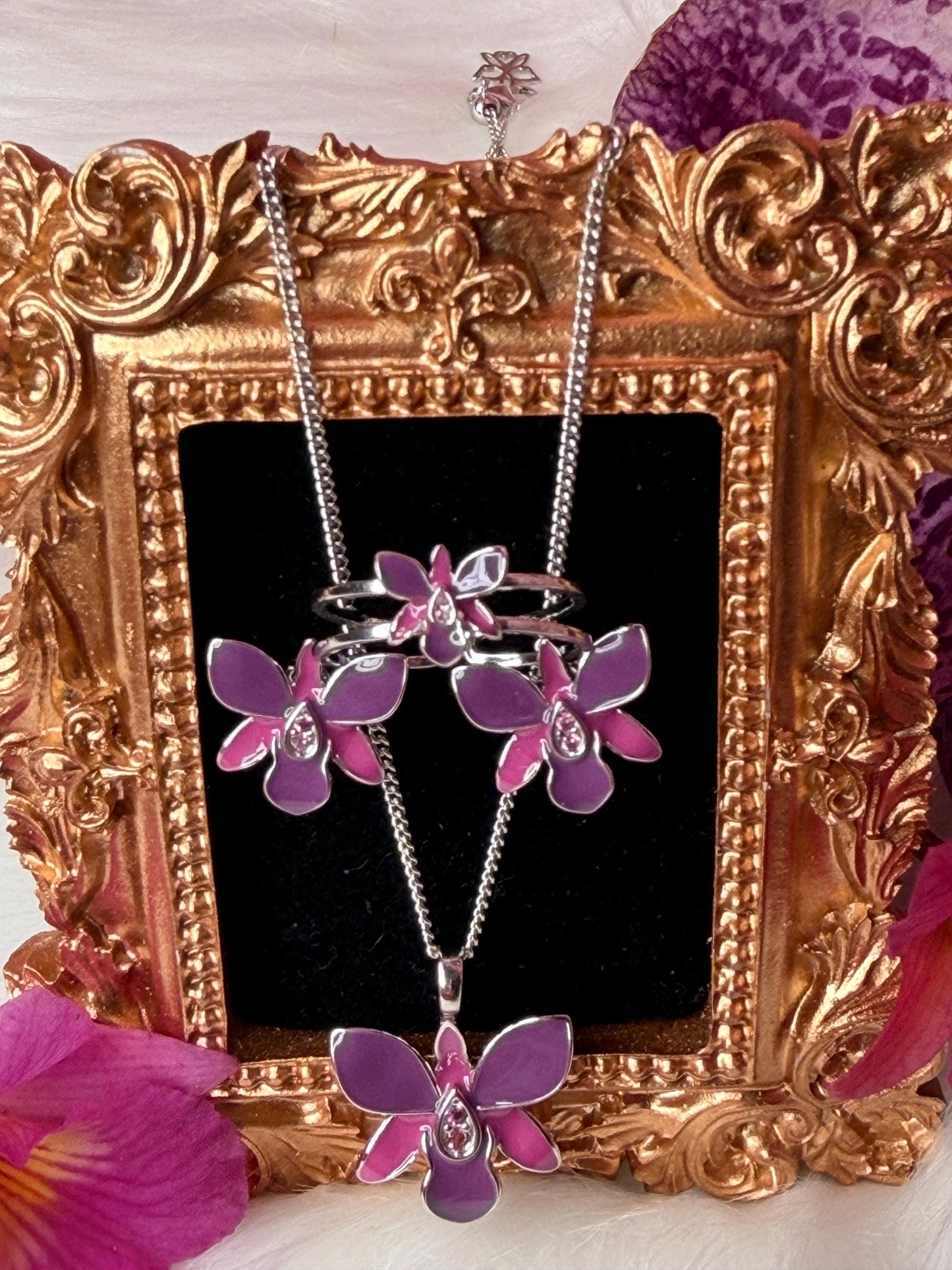 Dendrobium Orchid Jewelry Set • Purple & Pink Enamel Earrings and Ring • Floral Gift for Her