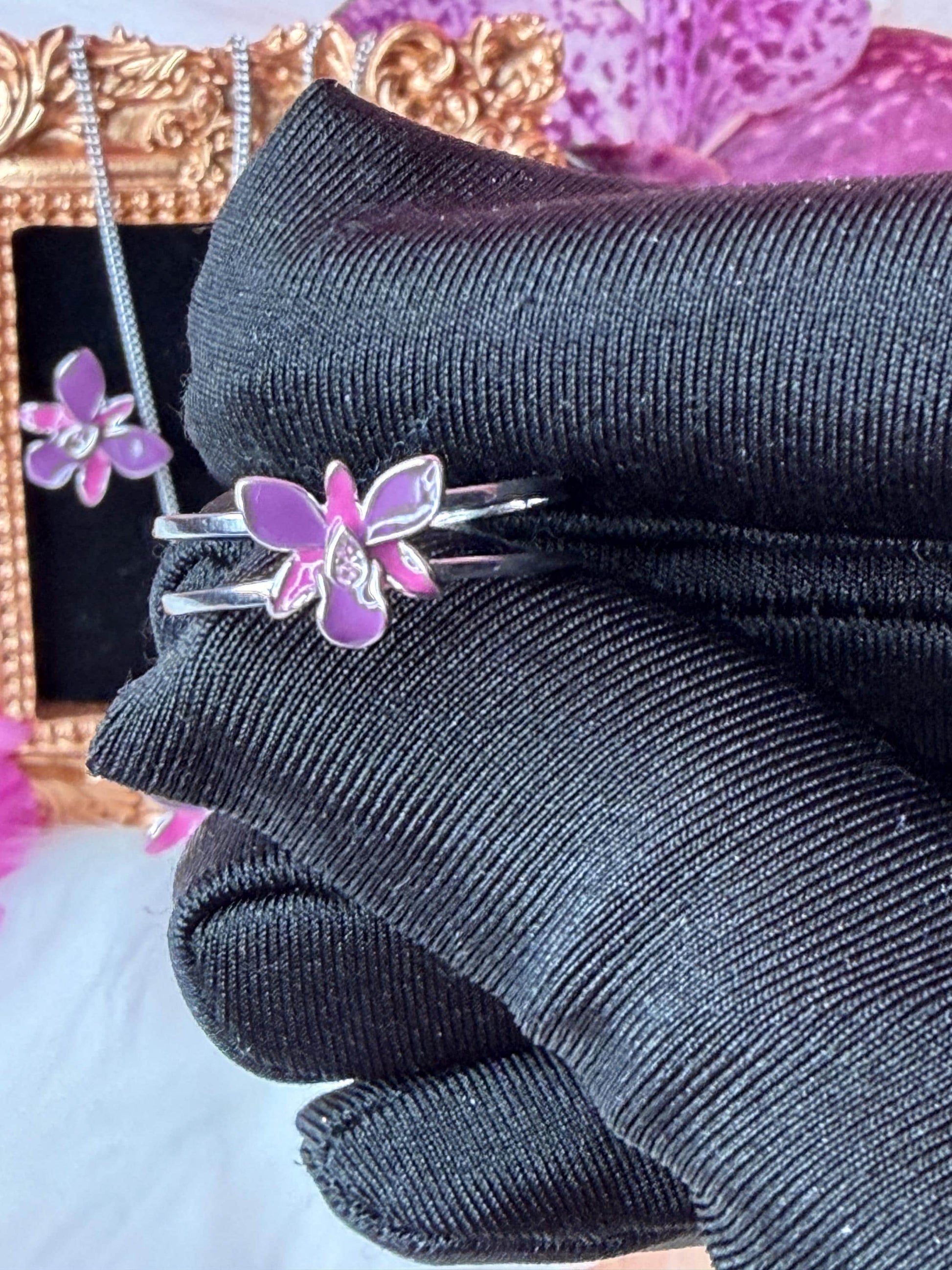 Dendrobium Orchid Jewelry Set • Purple & Pink Enamel Earrings and Ring • Floral Gift for Her